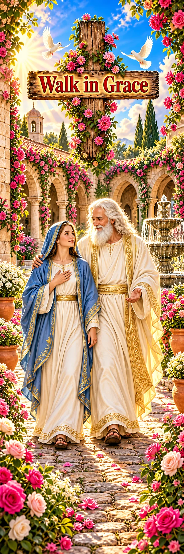 Jesus Christ walking with a woman in a garden scene - AI-generated stock image
