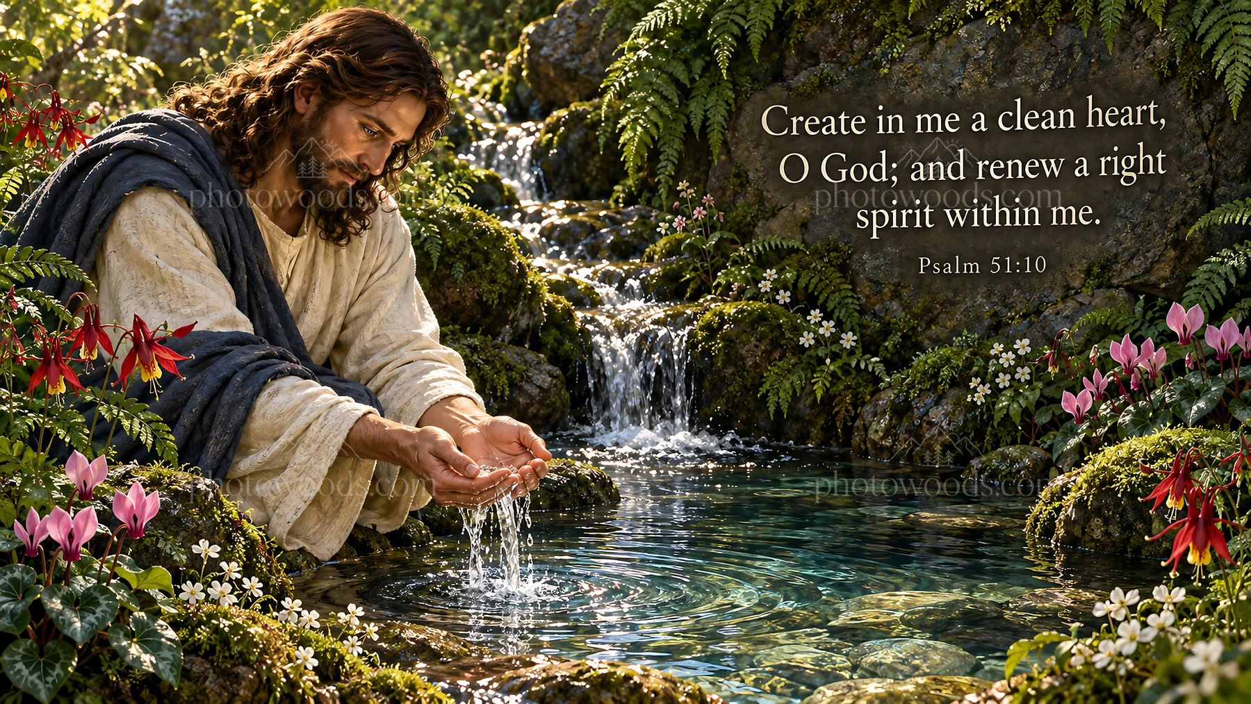 Jesus Christ renewing a spirit by a peaceful stream - AI-generated stock image