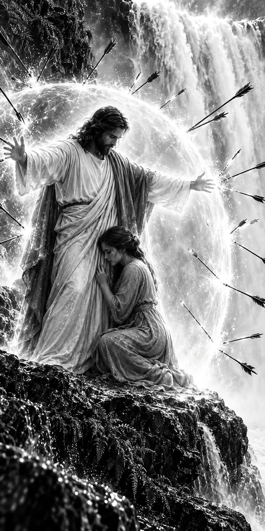 Jesus Christ comforting a woman by a waterfall - AI-generated stock image