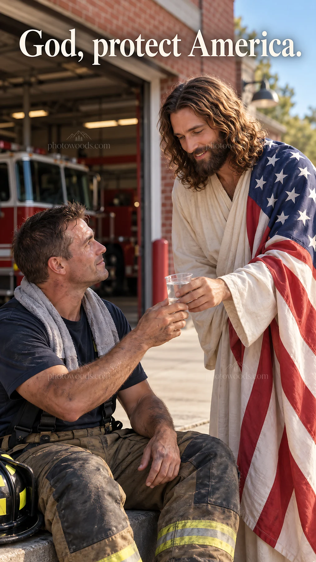 Jesus Christ offering comfort and support to a firefighter - AI-generated stock image