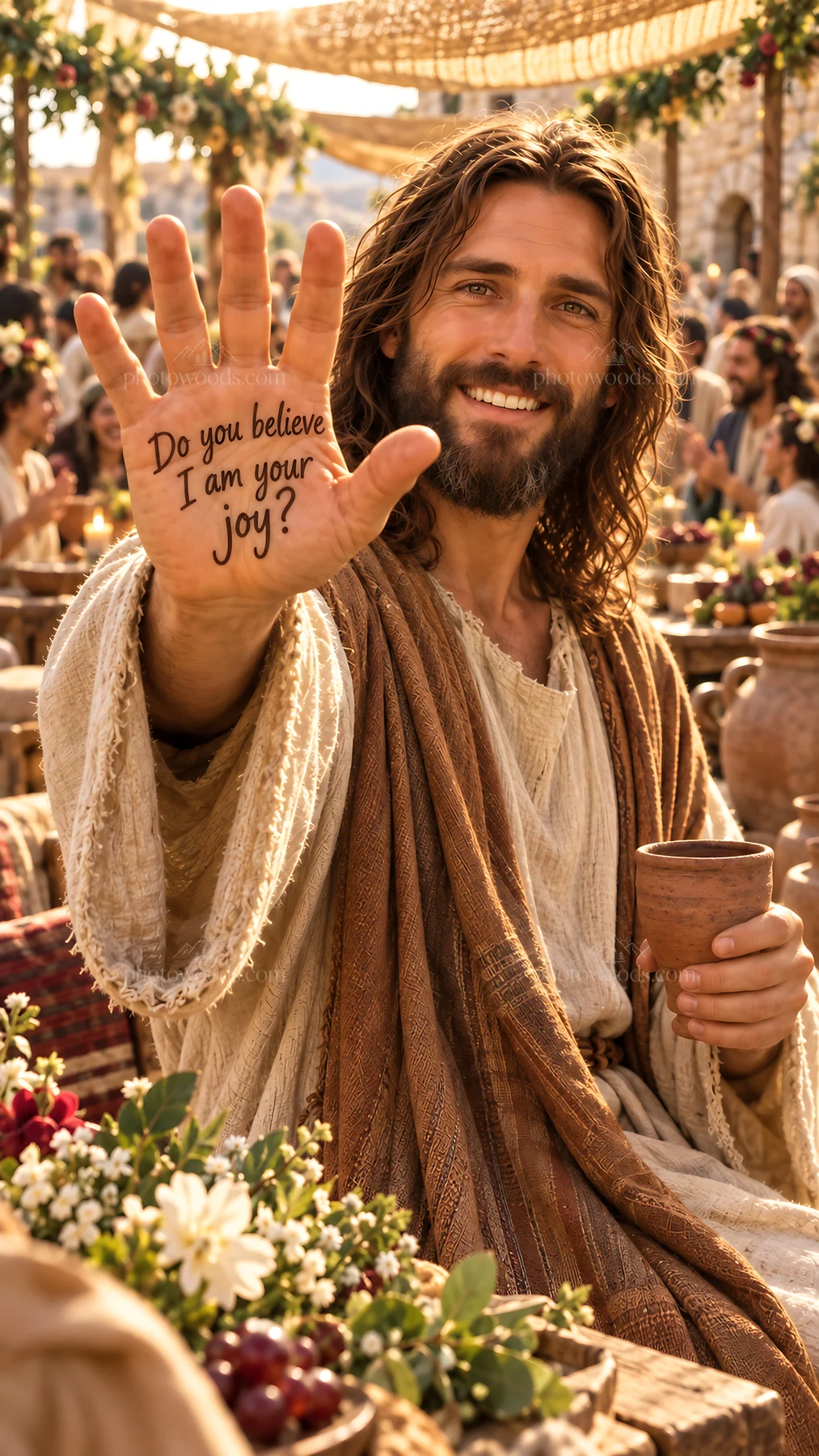 Jesus Christ offers joy and connection at a communal gathering - AI-generated stock image