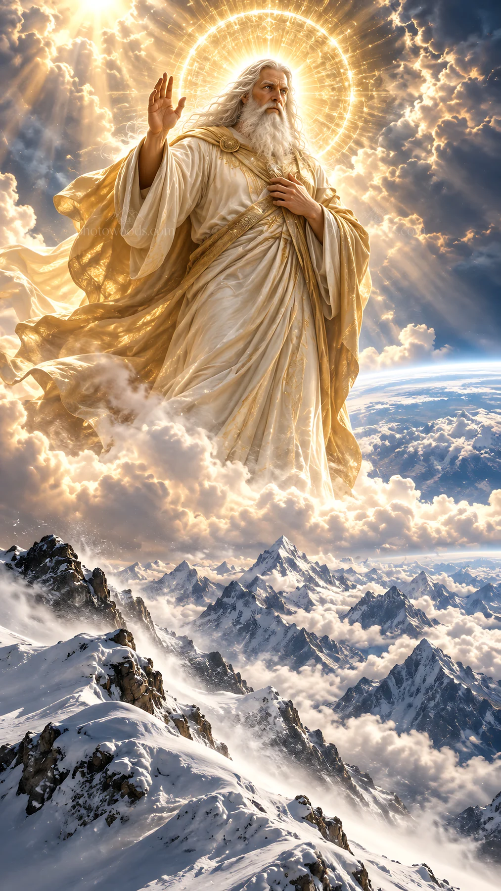Jesus Christ appearing in a majestic landscape - AI-generated stock image