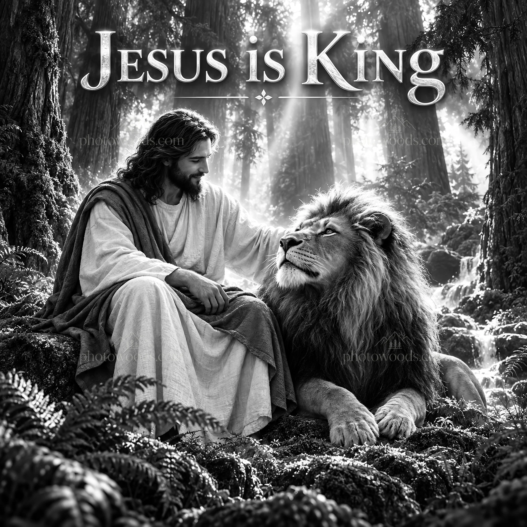 Jesus Christ sitting with a lion in a forest setting - AI-generated stock image