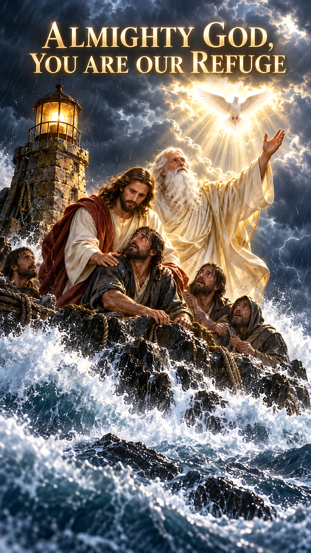 Jesus Christ calming the storm with His presence and grace - AI-generated stock image