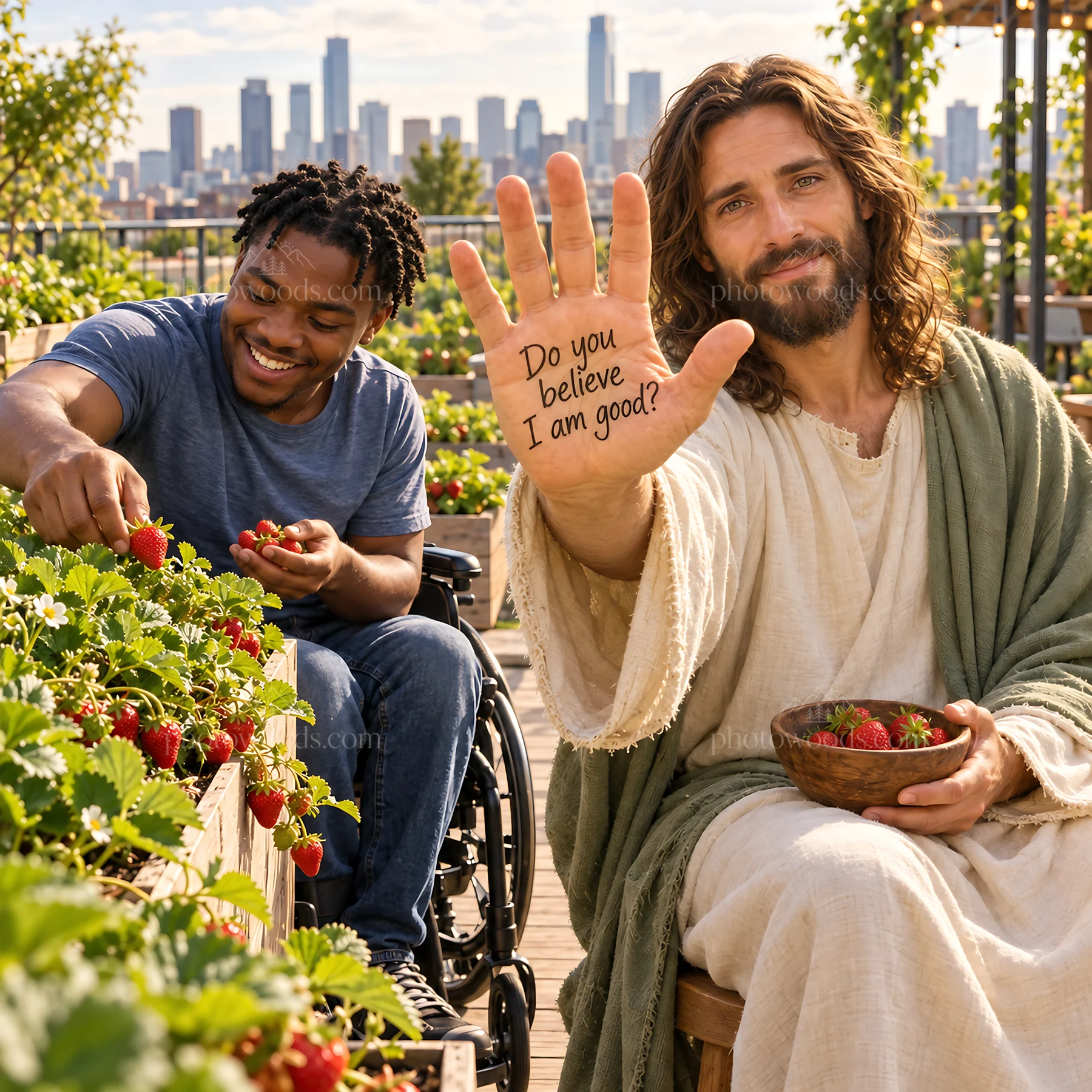 Jesus Christ offers strawberries and asks about goodness - AI-generated stock image