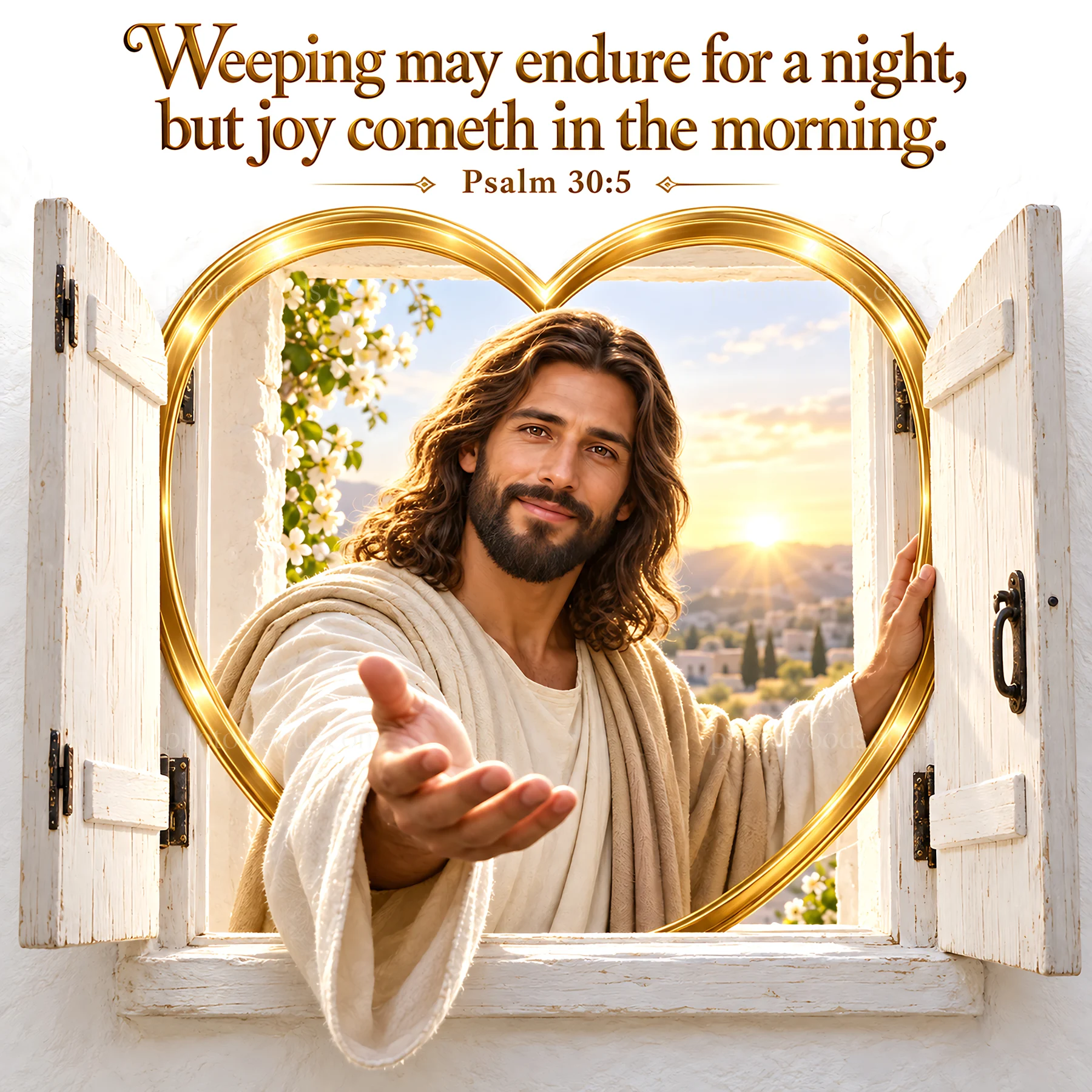 Jesus Christ offers hope and joy at the window - AI-generated stock image
