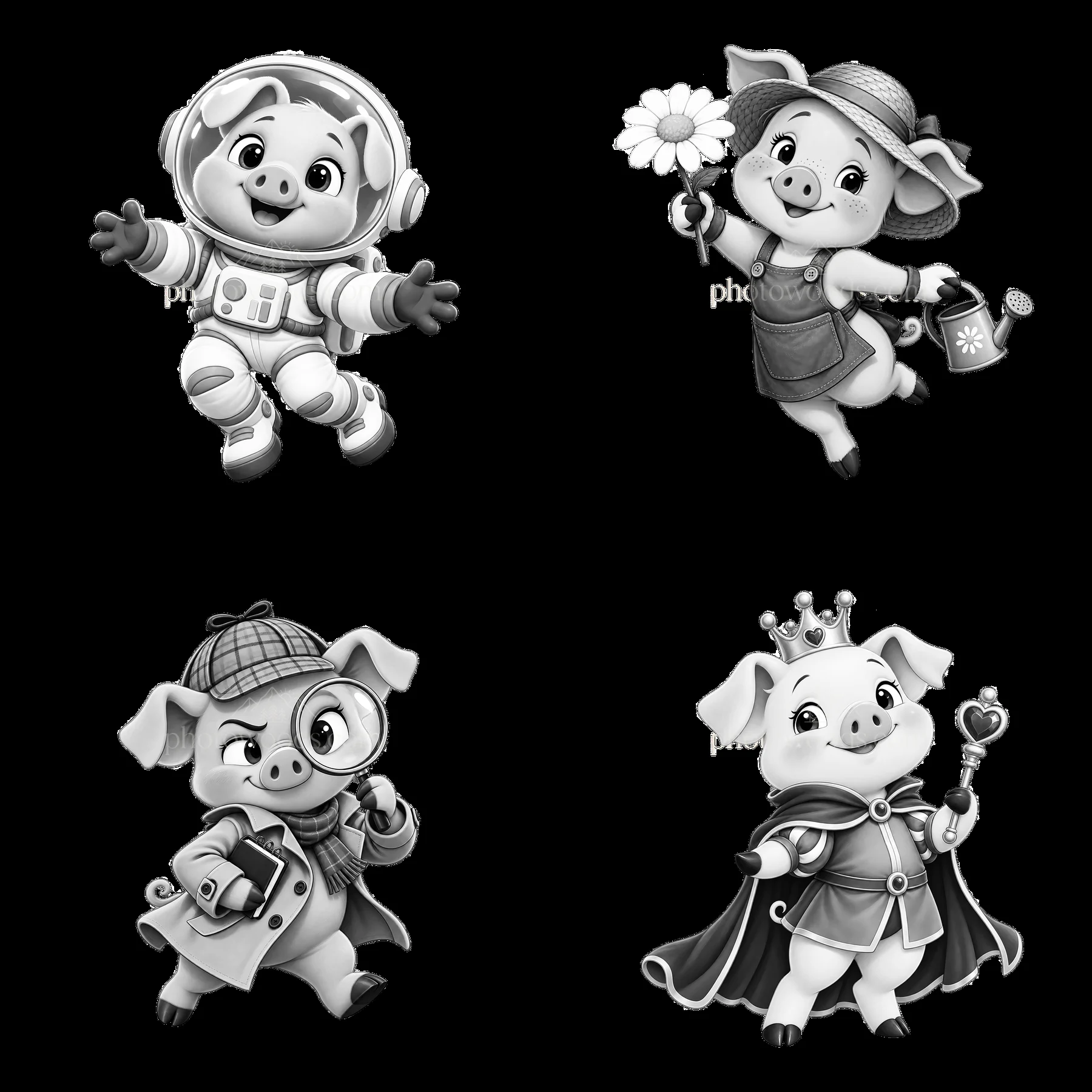 Cartoon pigs in various costumes and poses in a grid layout - AI-generated stock image