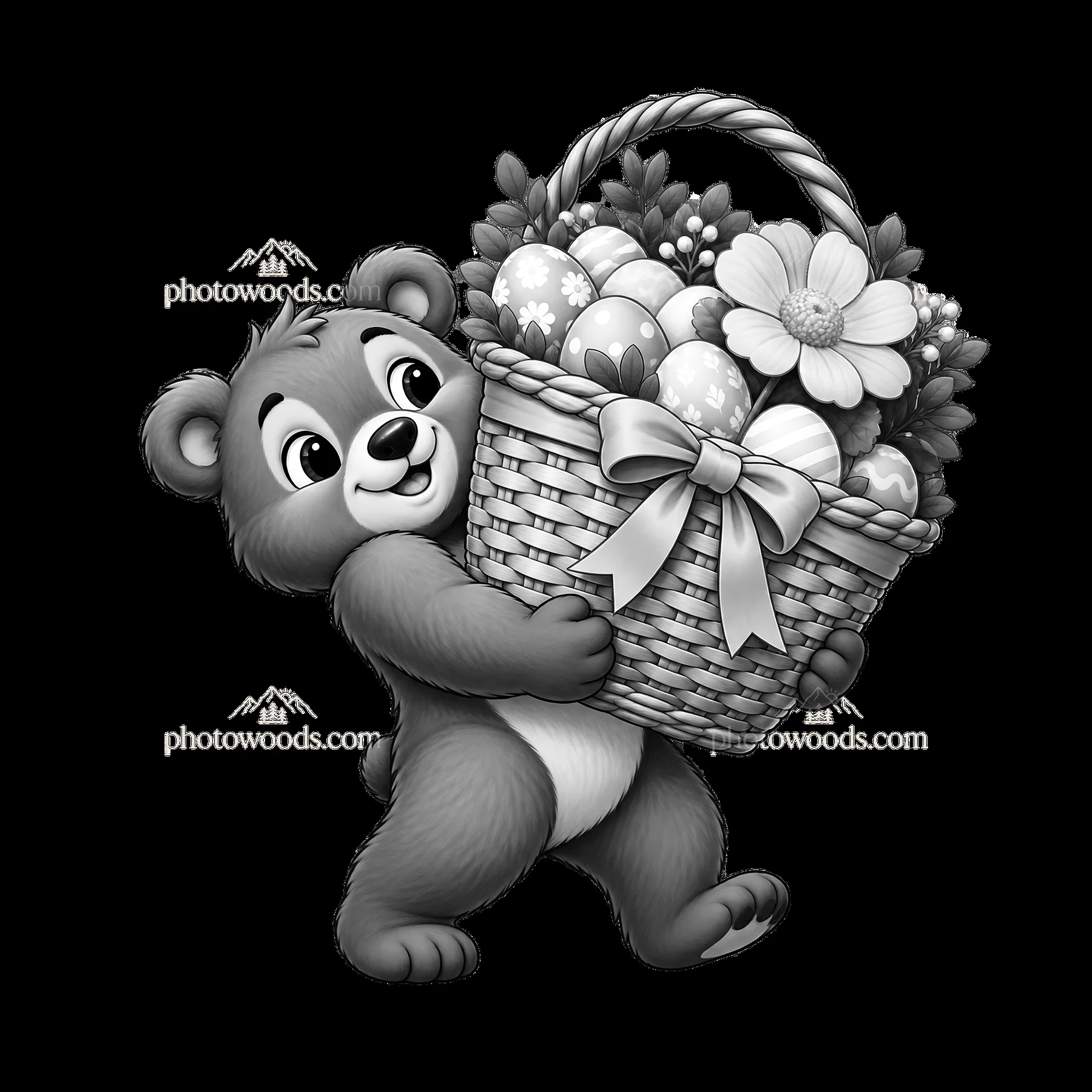 Bear carrying an Easter basket filled with flowers and eggs - AI-generated stock image