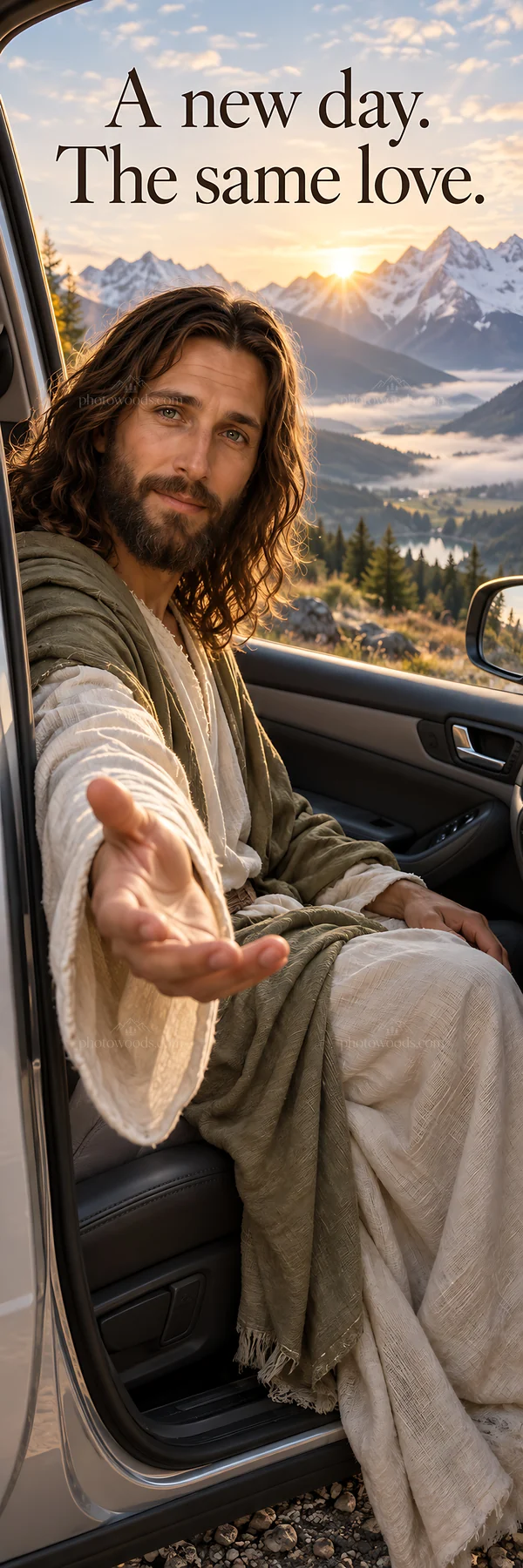 Jesus Christ reaching out from a car - AI-generated stock image