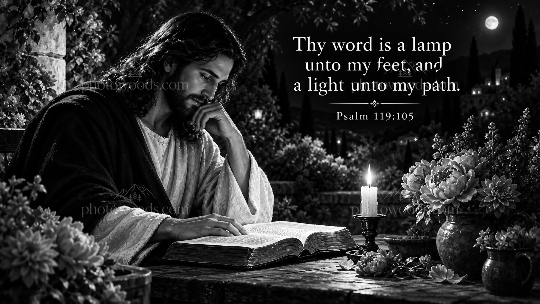 Jesus Christ reading scripture by candlelight - AI-generated stock image