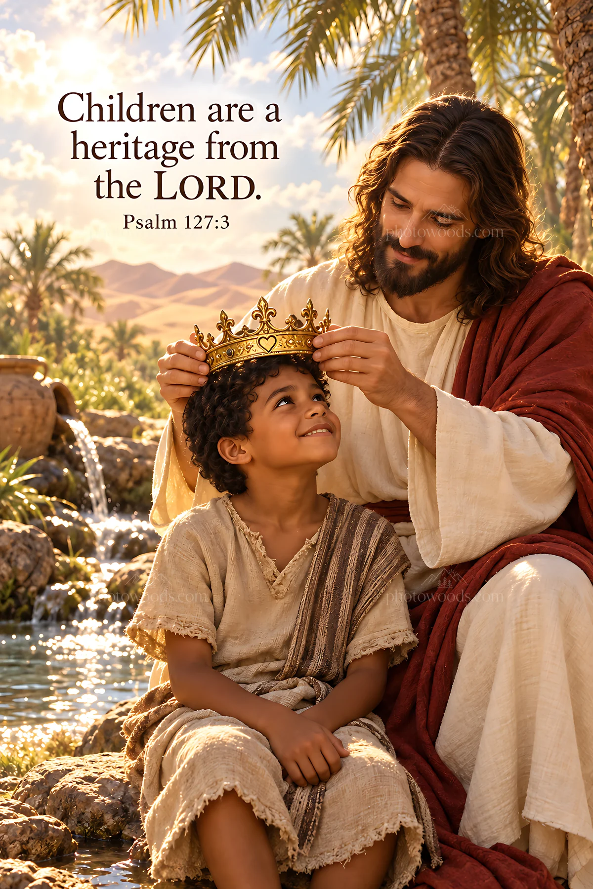 Children receiving blessings in the desert - AI-generated stock image