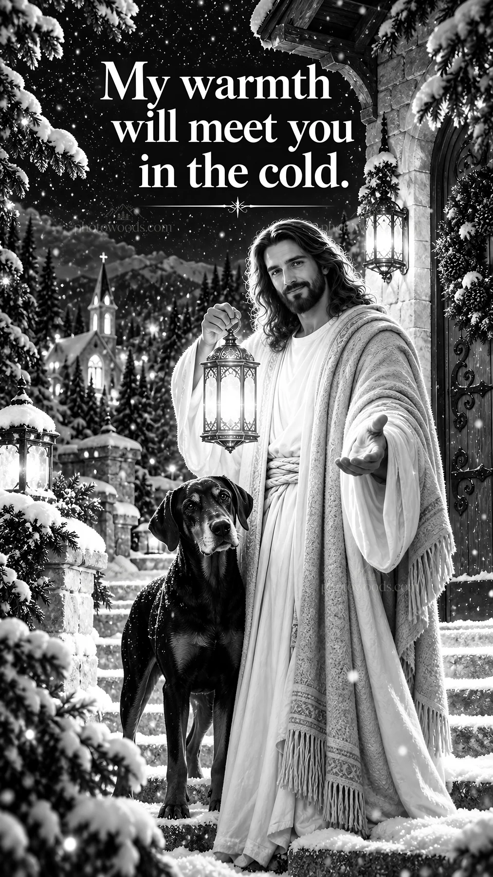 Jesus Christ offering warmth in the cold winter scene - AI-generated stock image