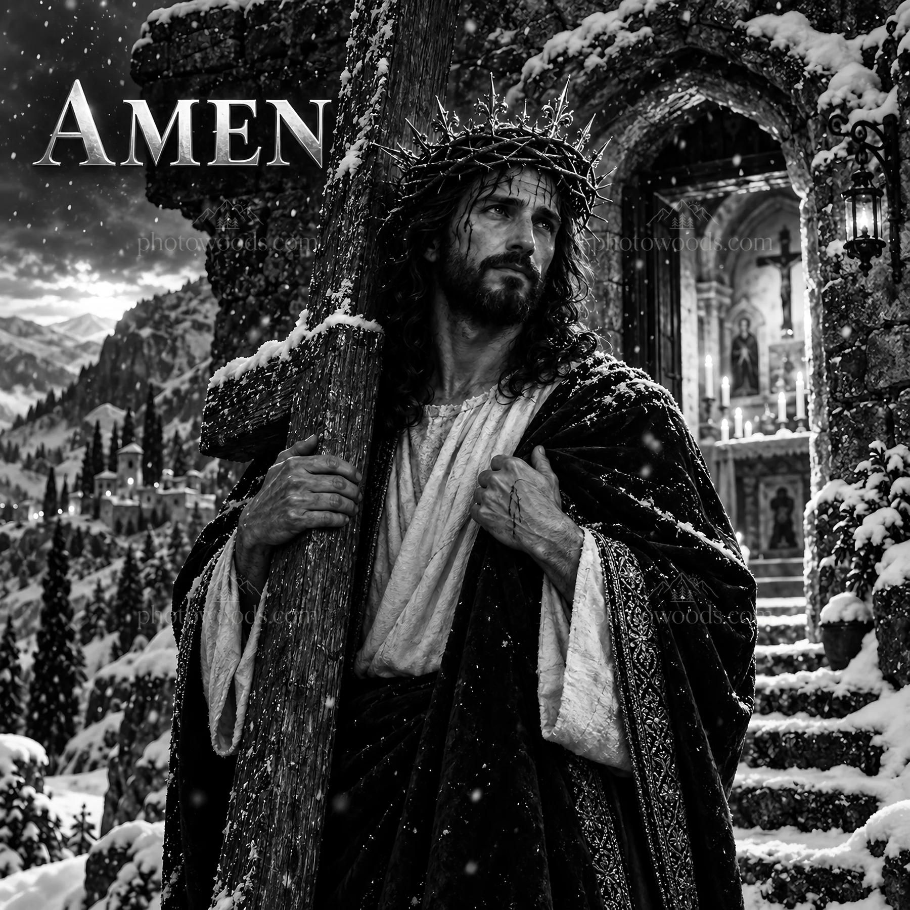 Jesus Christ carrying the cross in a snowy landscape - AI-generated stock image