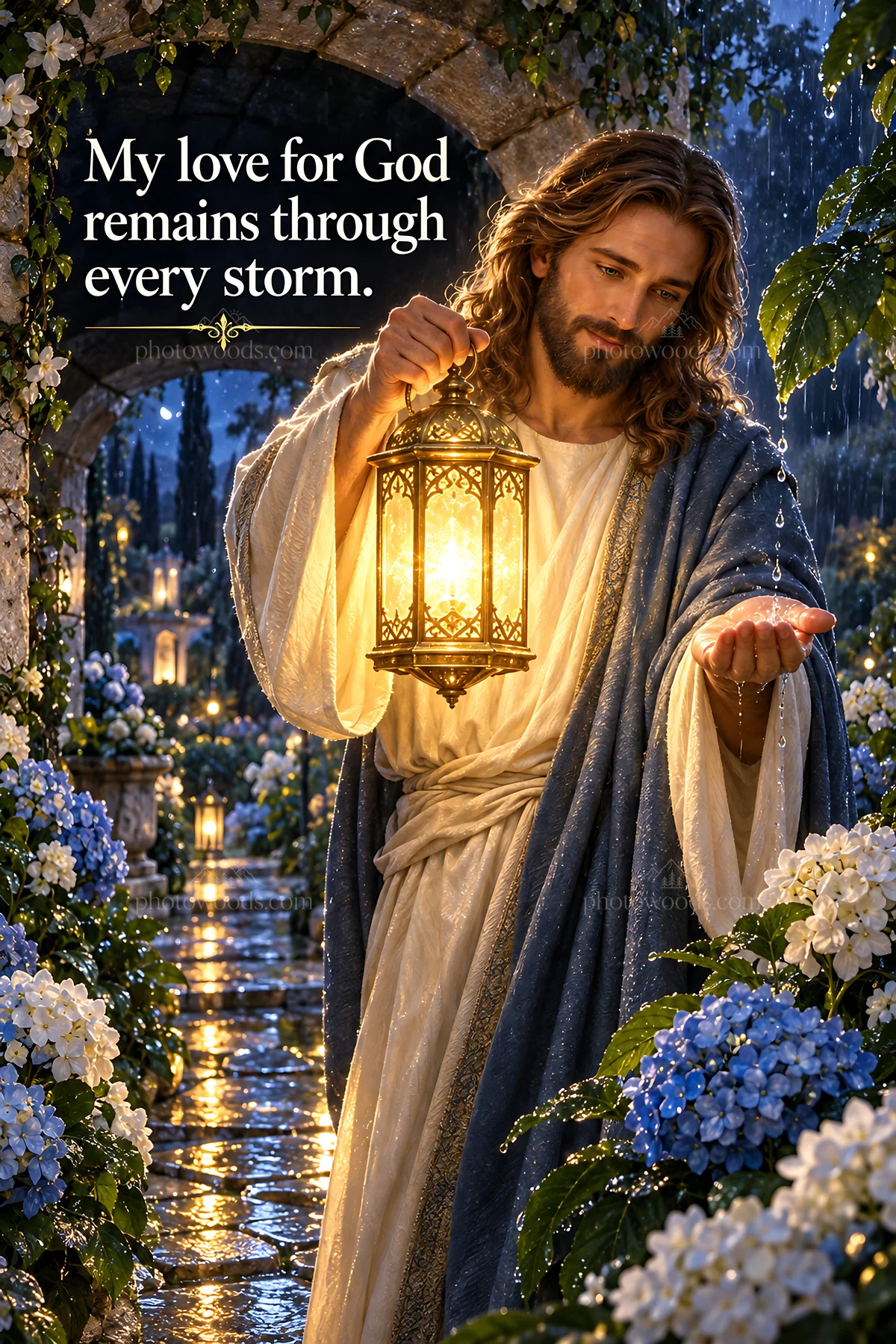 Jesus Christ holding a lantern in a garden during a storm - AI-generated stock image