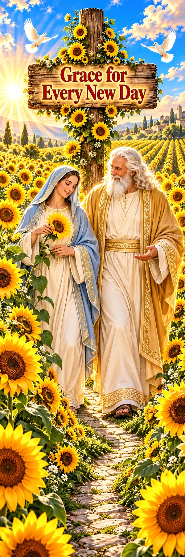 Jesus Christ walking through a sunflower field with a woman - AI-generated stock image