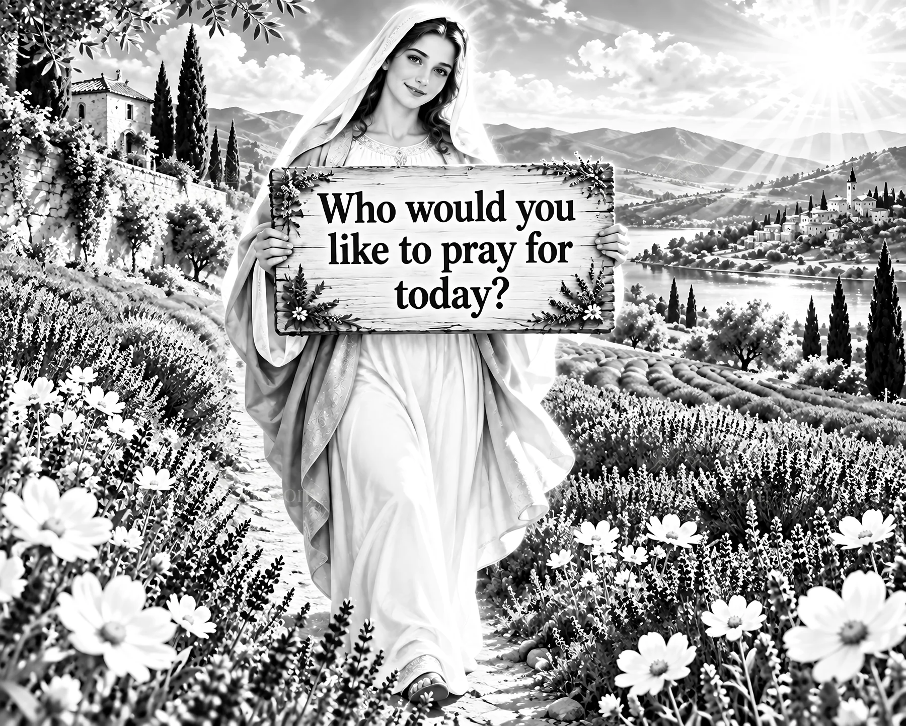 Jesus Christ invites prayer for others in a serene landscape - AI-generated stock image
