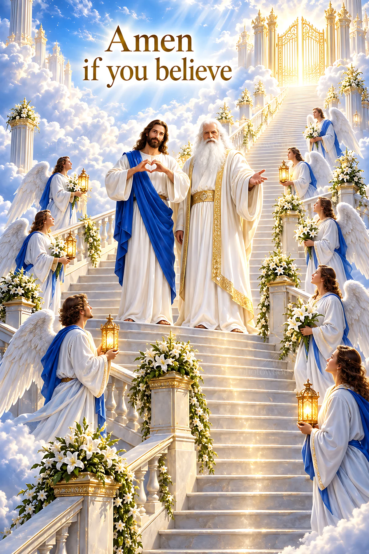Stairway of Welcome with angels and figures in divine setting - AI-generated stock image