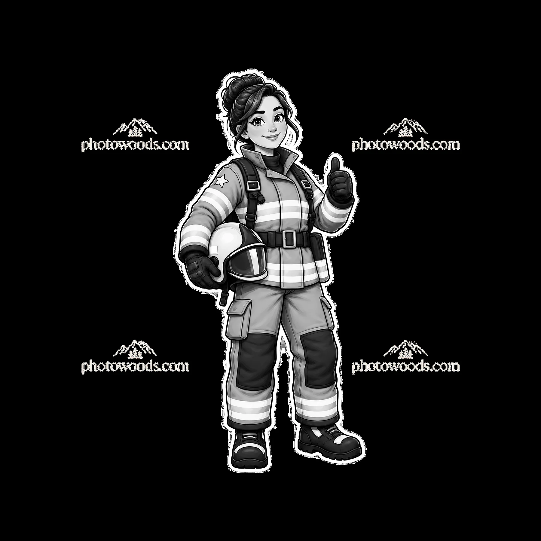 Firefighter giving a thumbs up in monochrome cartoon style - AI-generated stock image