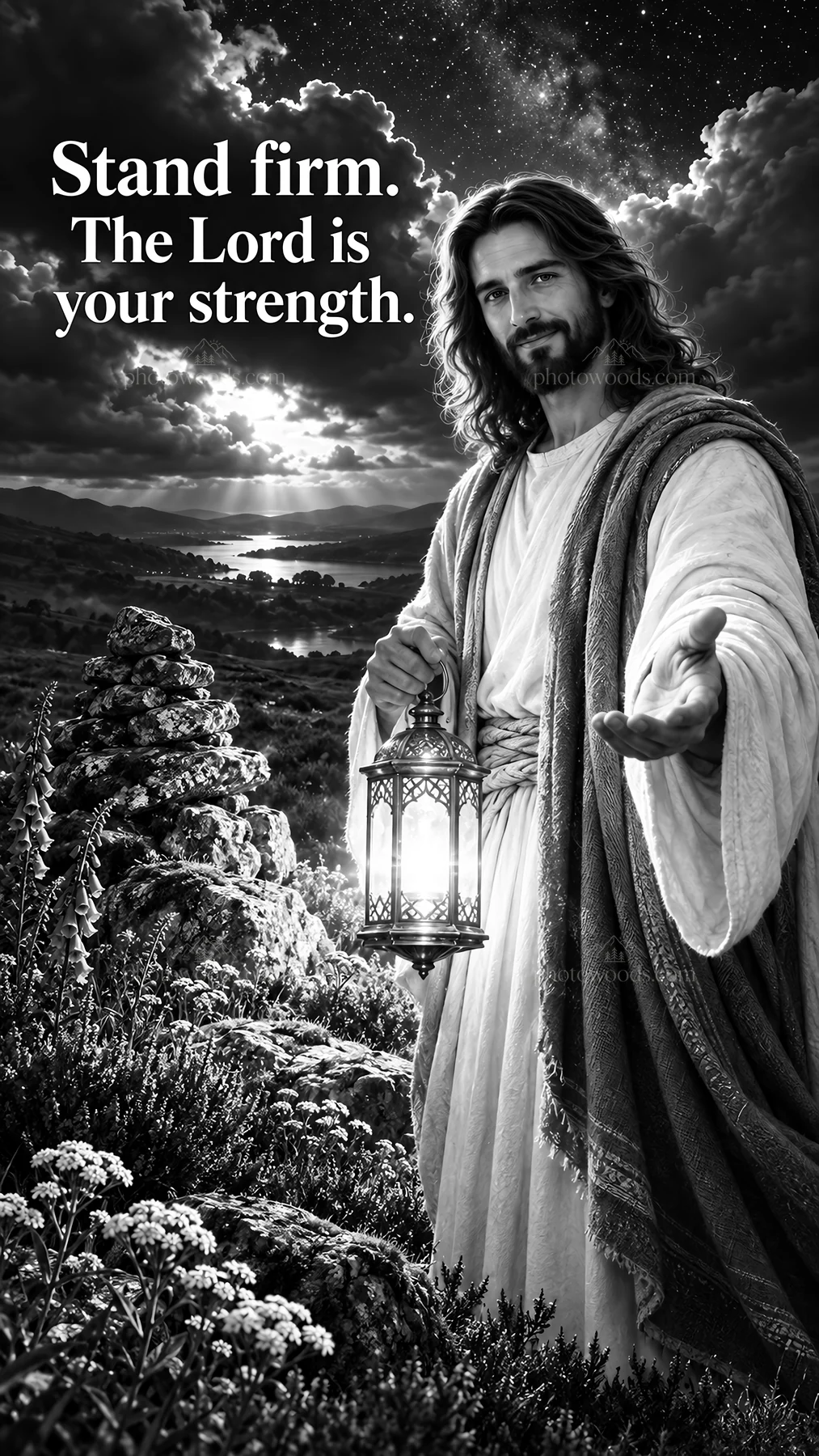 Jesus Christ standing firm, offering light and strength - AI-generated stock image