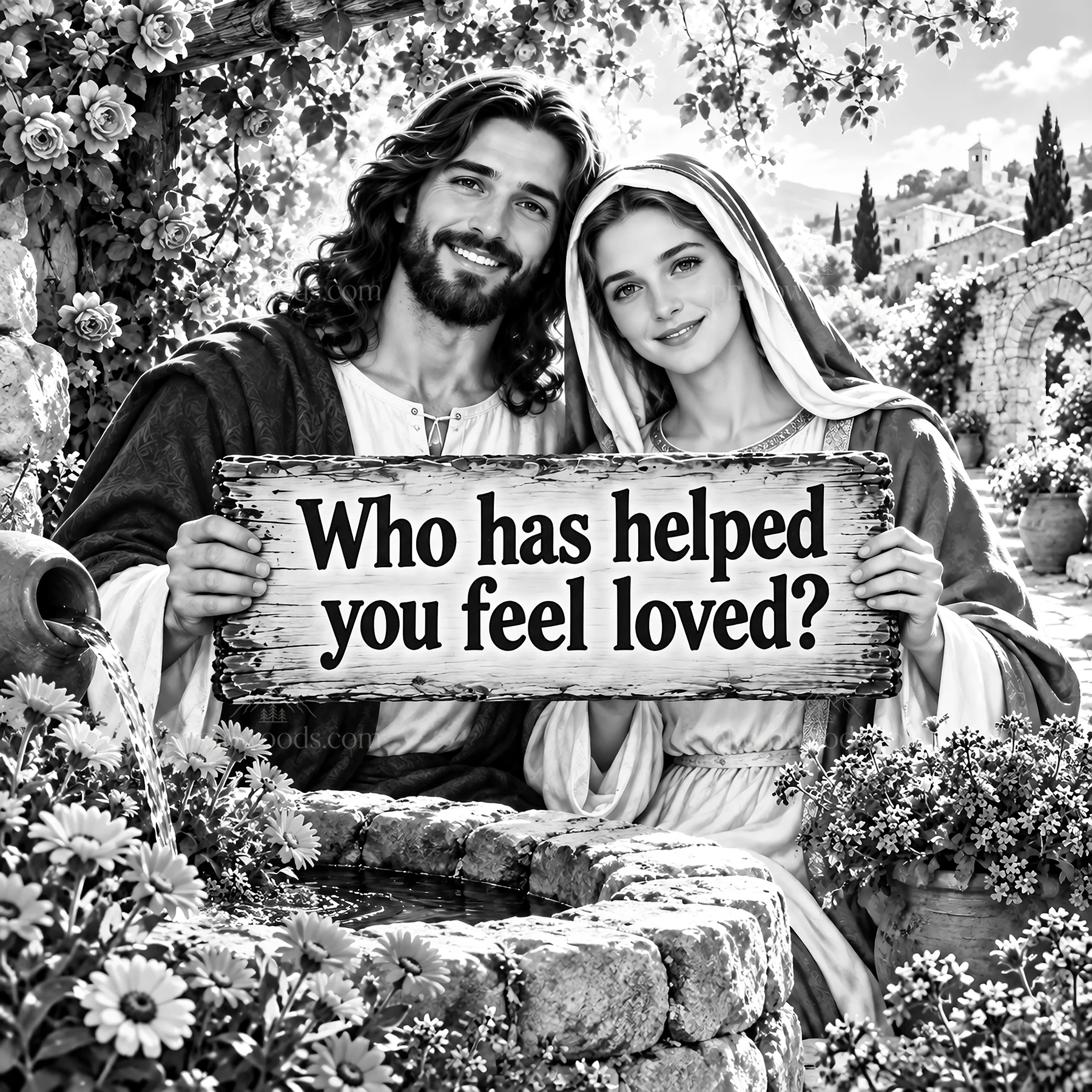 Jesus Christ holding a sign with a woman in a garden - AI-generated stock image