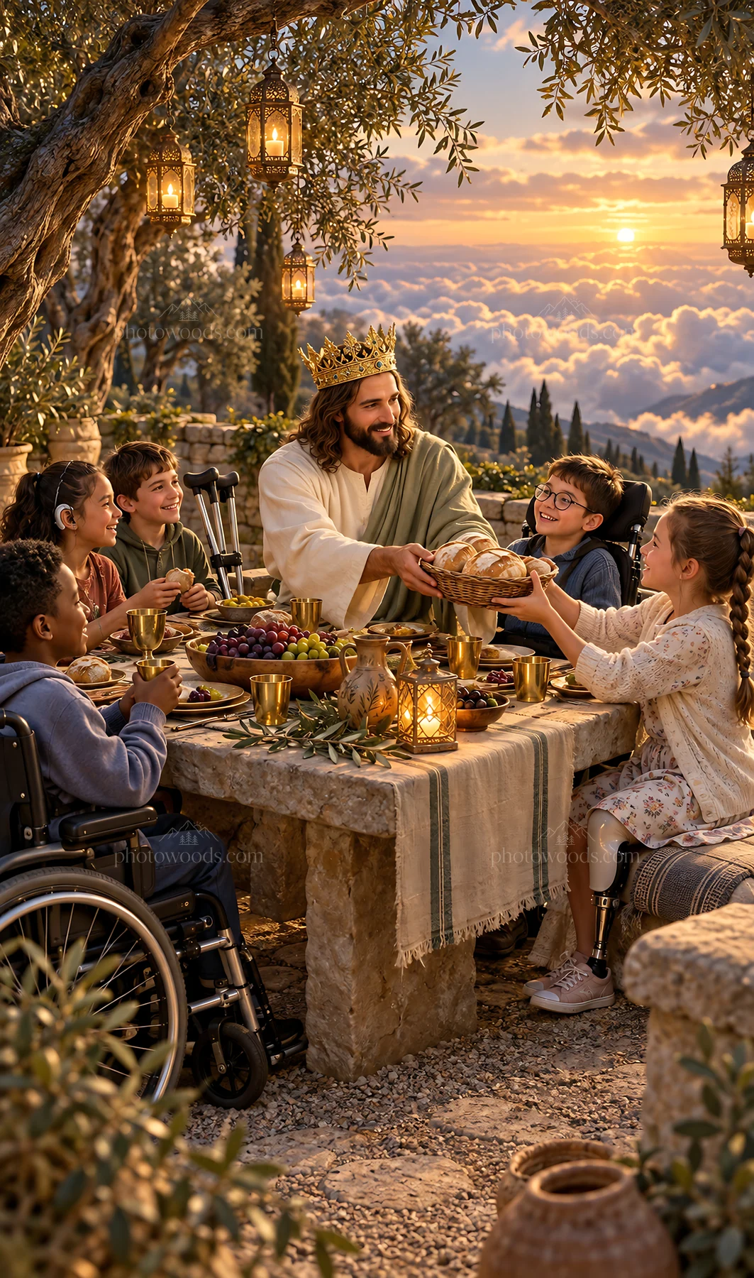 Jesus Christ sharing a meal with children - AI-generated stock image