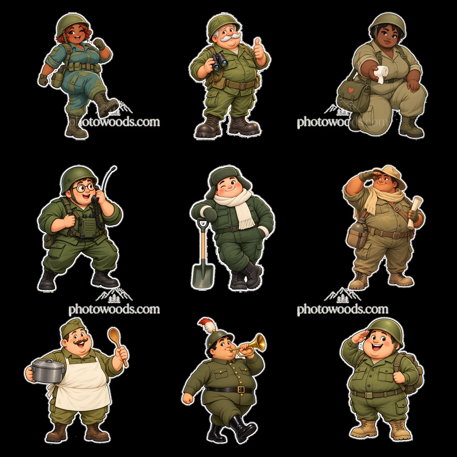 Chubby soldiers in various poses and actions in a 3x3 layout - AI-generated stock image