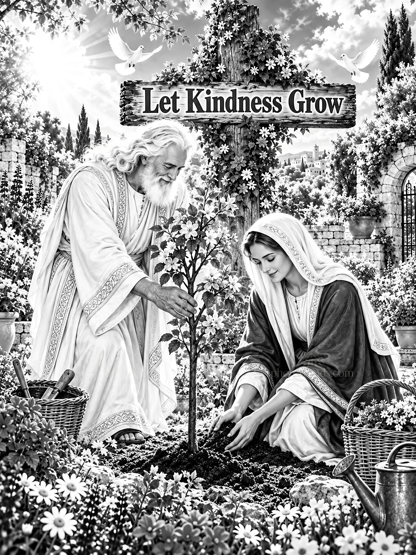 Jesus Christ planting a tree with a woman in a garden - AI-generated stock image