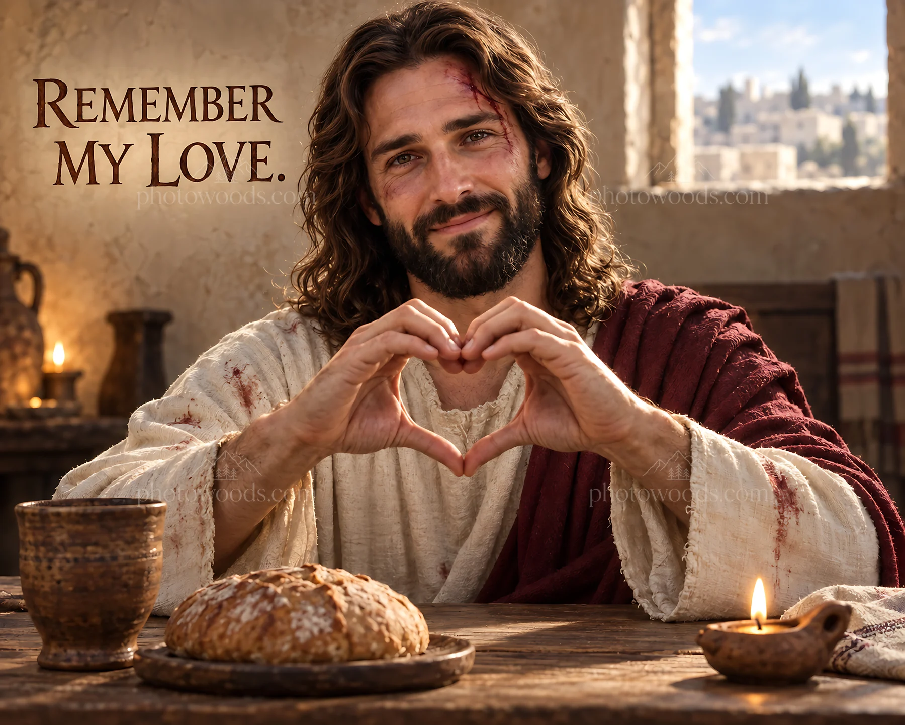 Jesus Christ shares love while breaking bread with others - AI-generated stock image