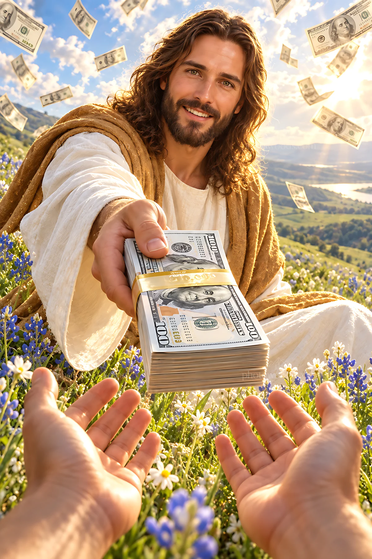 Wildflower hillside with a figure handing out money - AI-generated stock image