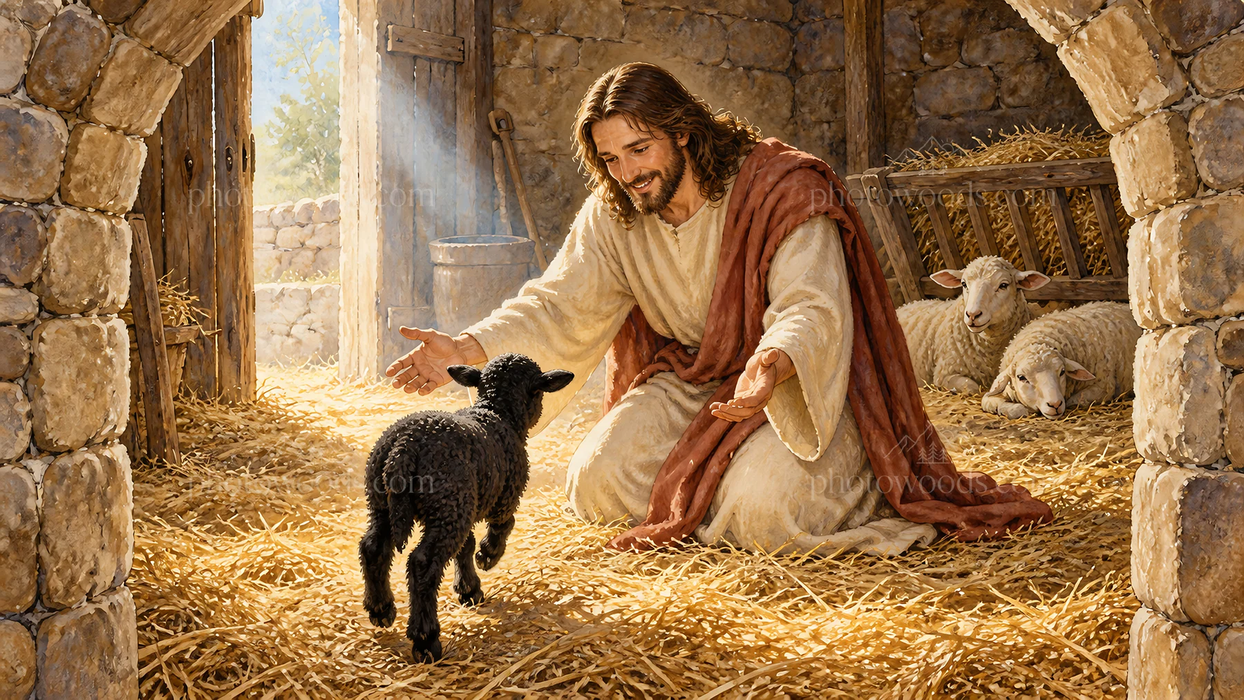 Jesus Christ welcoming a lamb in a stable setting - AI-generated stock image