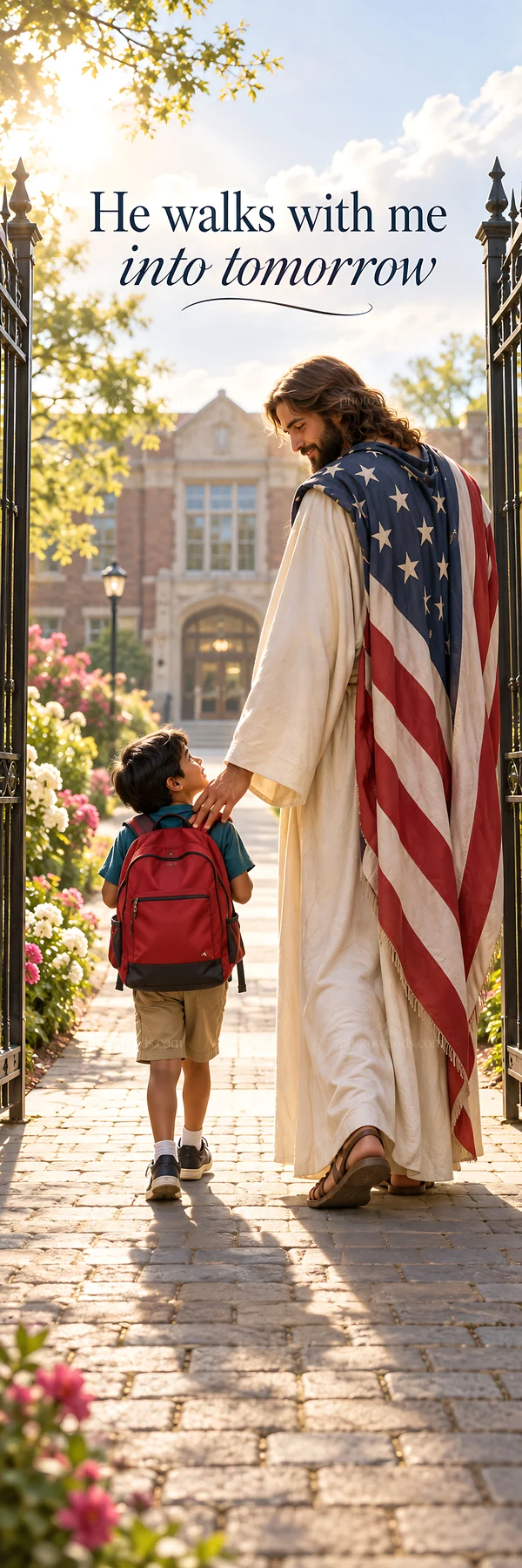 Jesus Christ walking with a child into tomorrow - AI-generated stock image