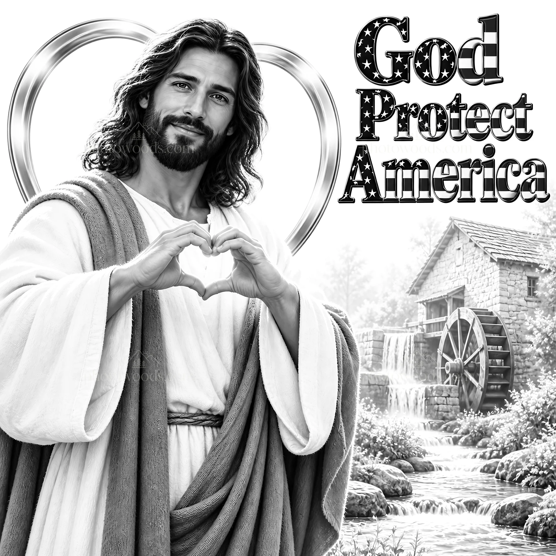 Jesus Christ making a heart gesture with a scenic background - AI-generated stock image