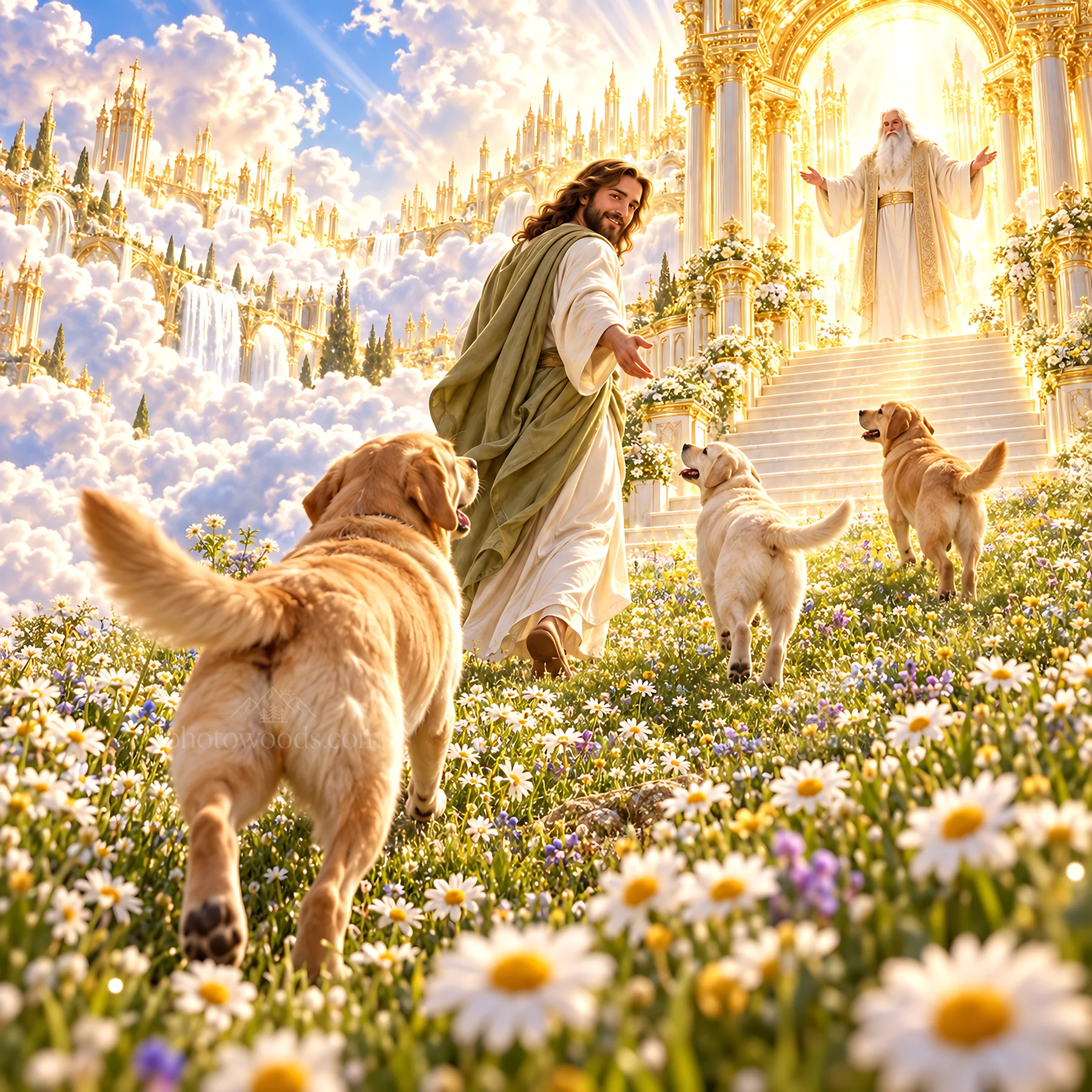Jesus Christ walking with dogs in a bright garden setting - AI-generated stock image