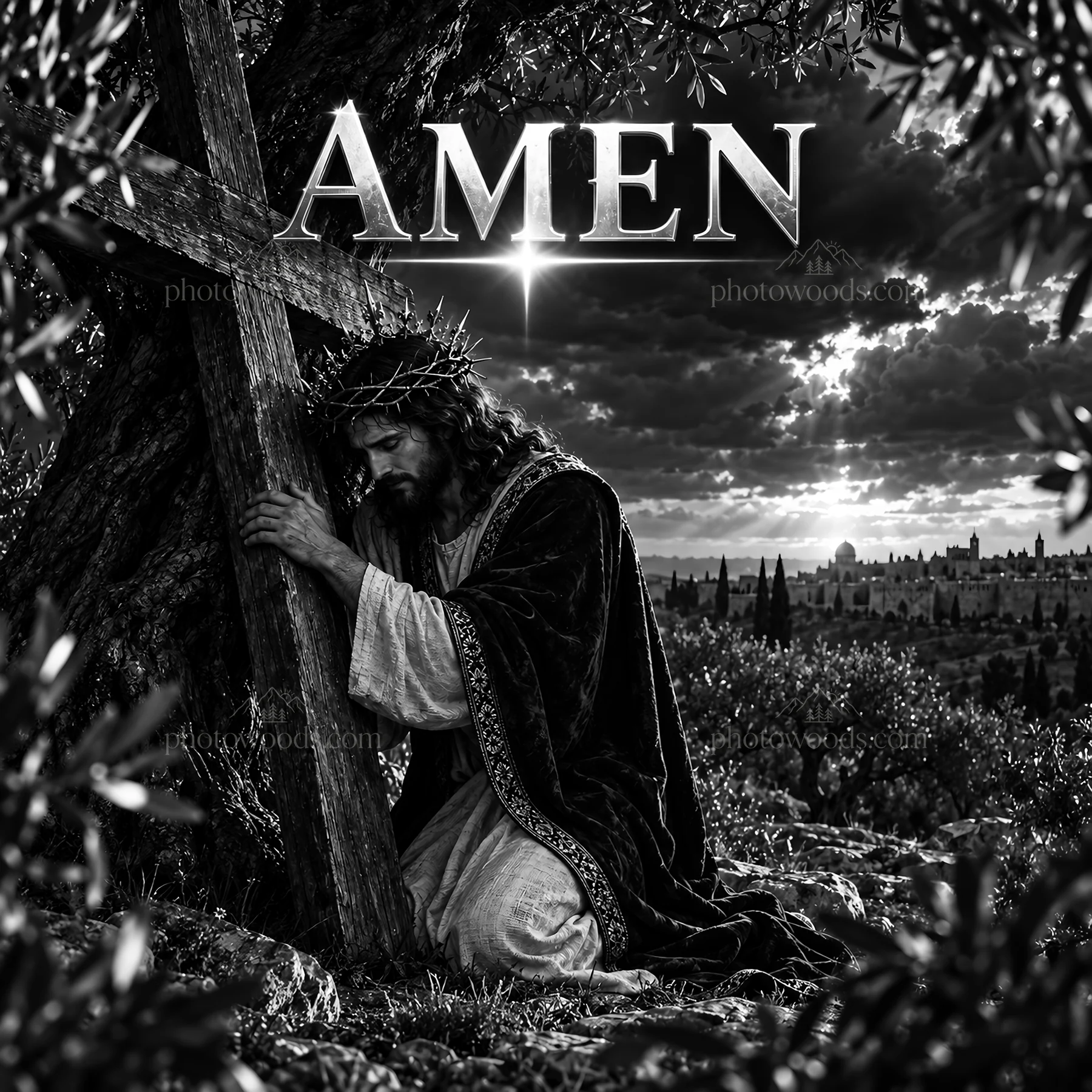Jesus Christ in the garden with the cross during prayer - AI-generated stock image