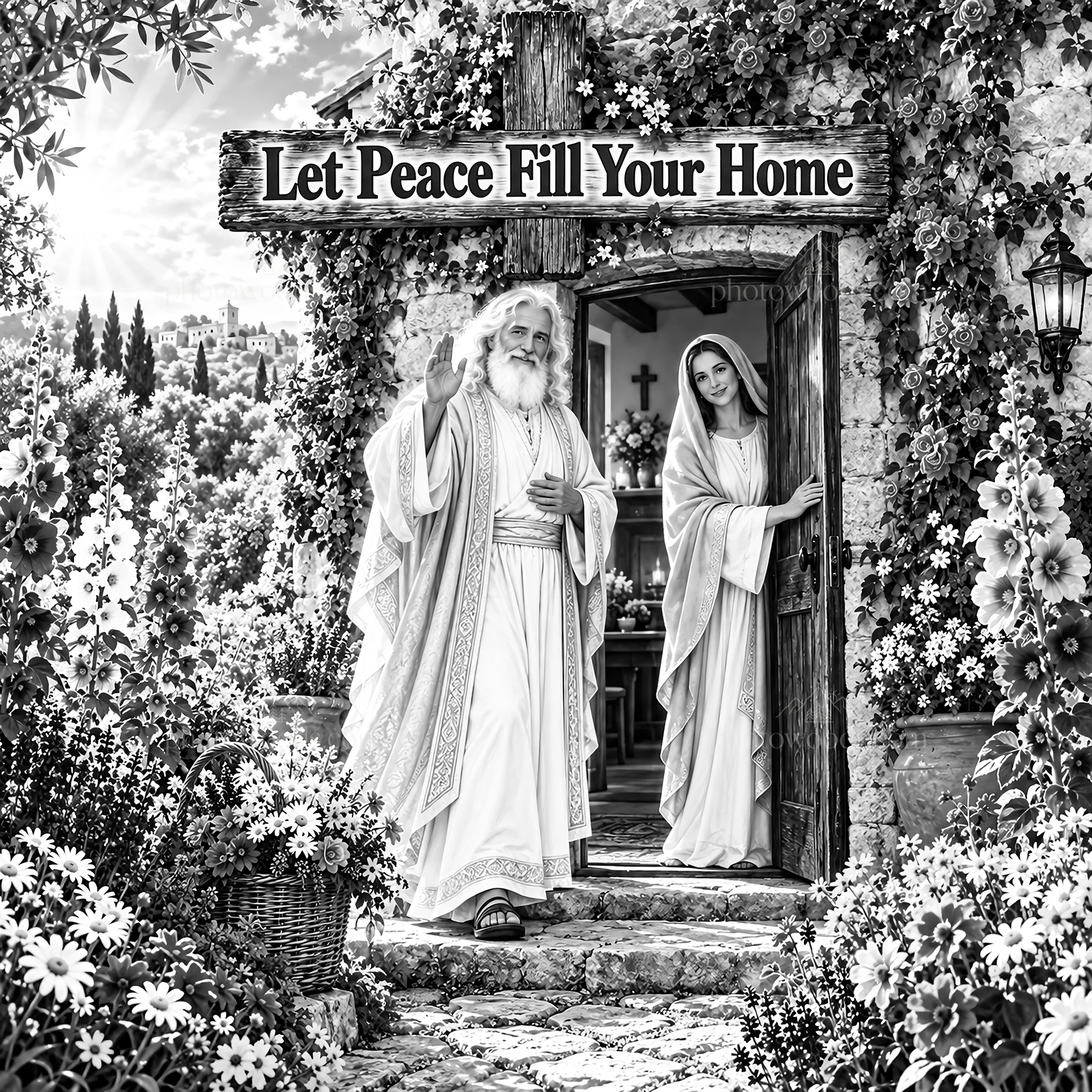 Jesus Christ welcoming visitors at a peaceful home entrance - AI-generated stock image