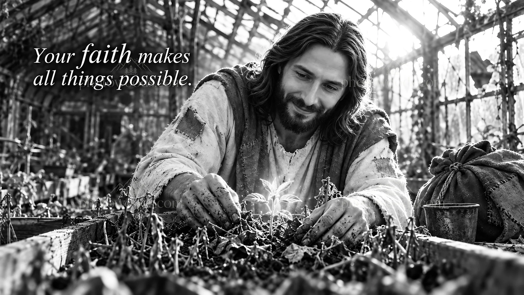 Jesus Christ tending to a plant in a greenhouse setting - AI-generated stock image