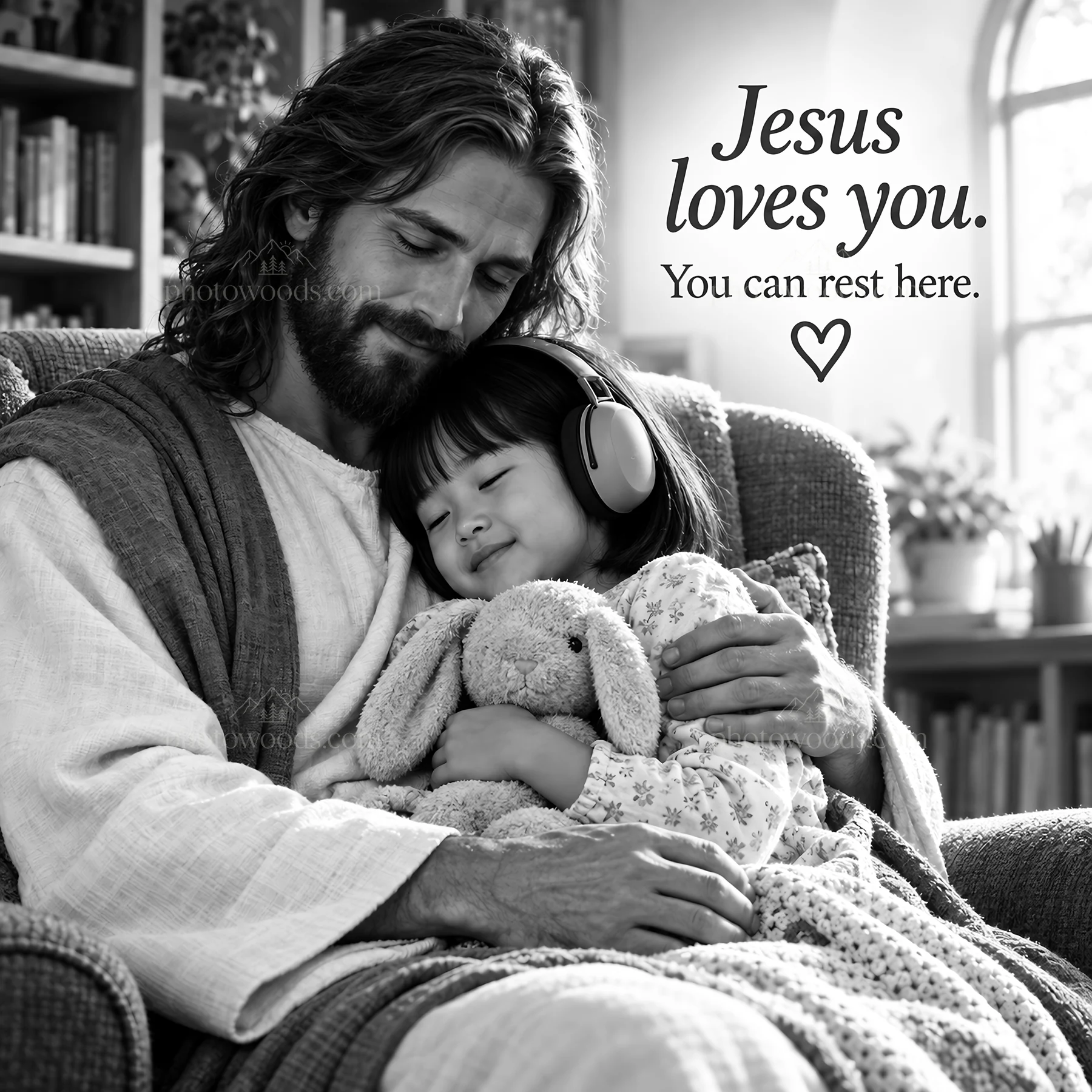 Jesus Christ comforts a child while sharing love and warmth - AI-generated stock image