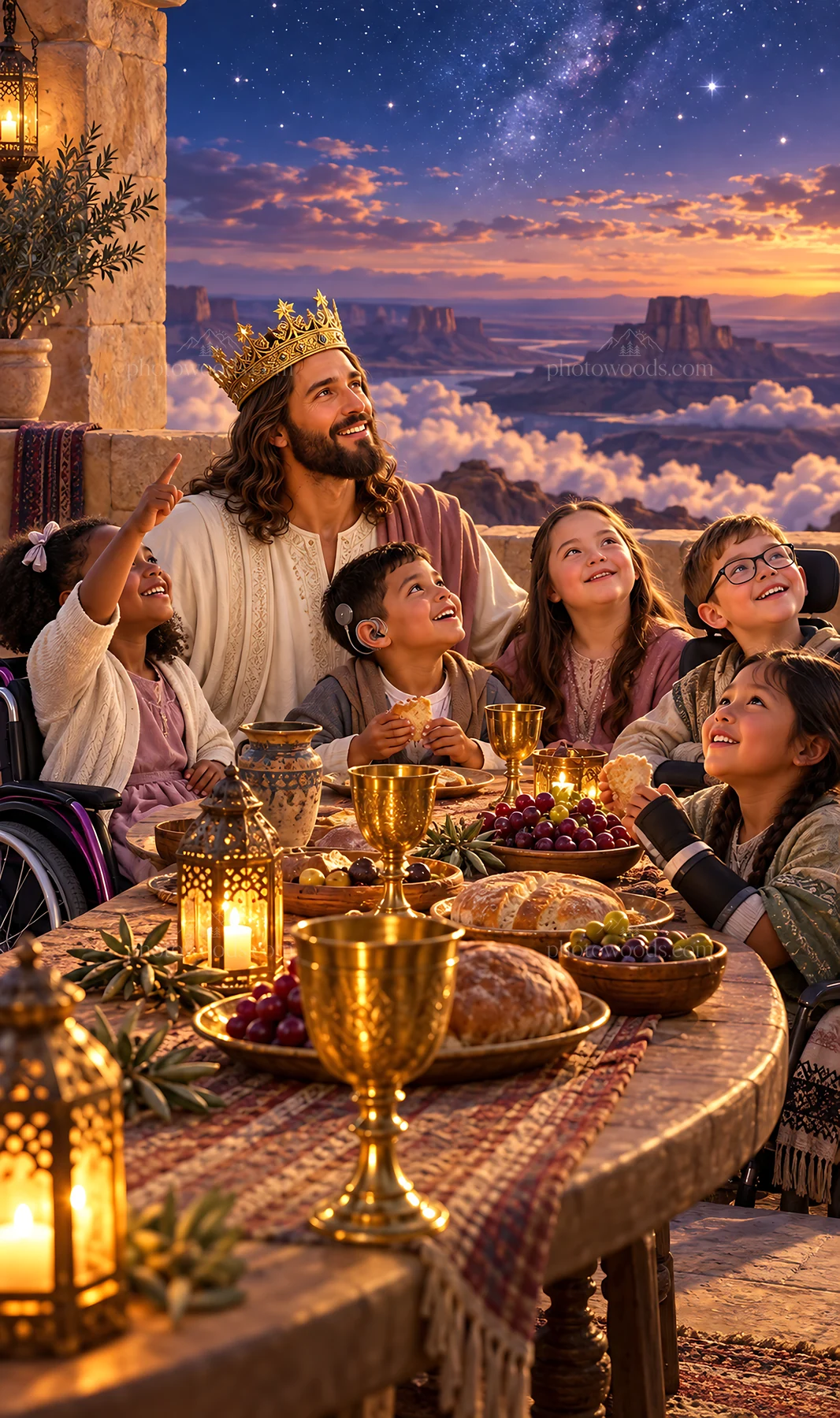 Jesus Christ sharing joy with children and teaching about faith - AI-generated stock image