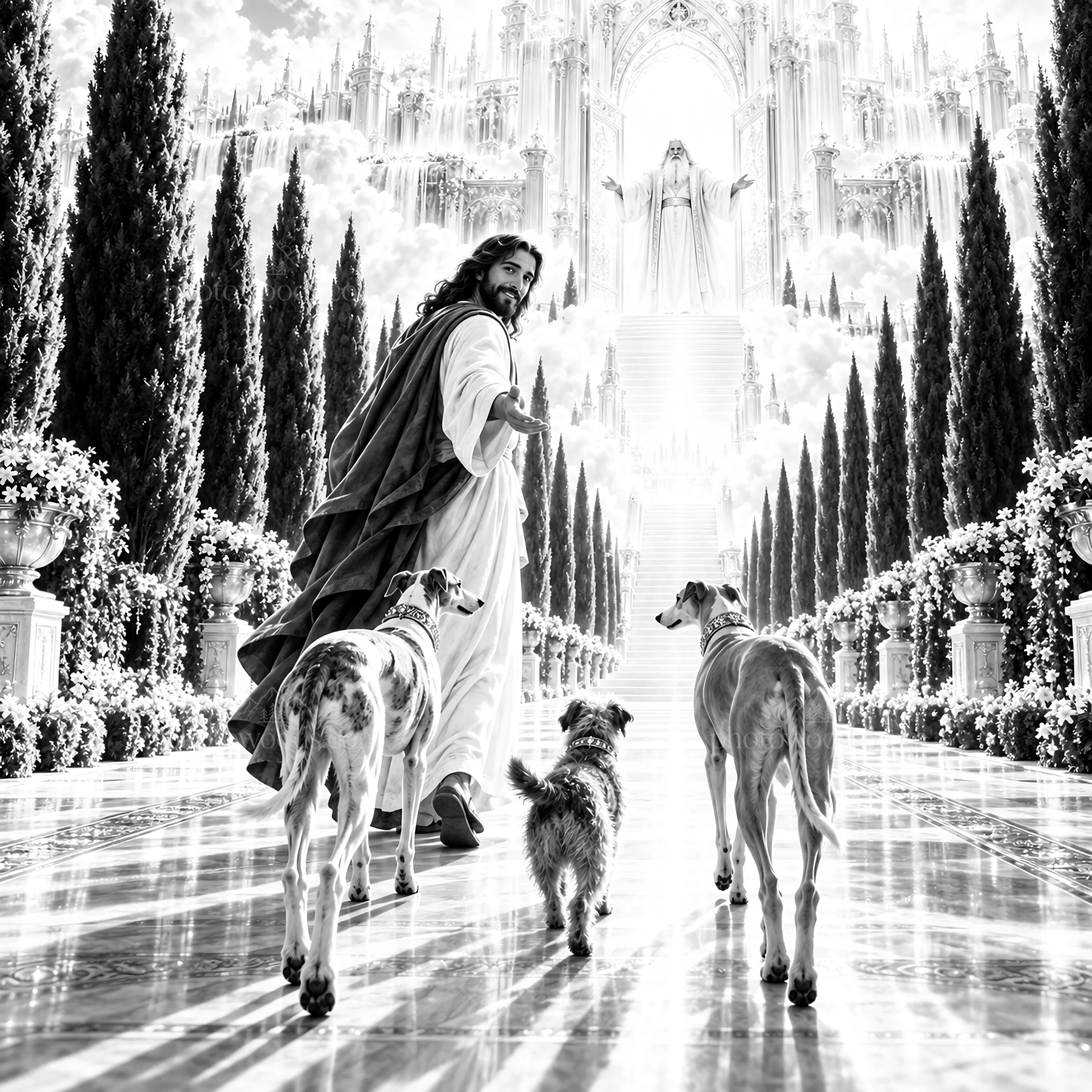Jesus Christ guides dogs through a heavenly path - AI-generated stock image