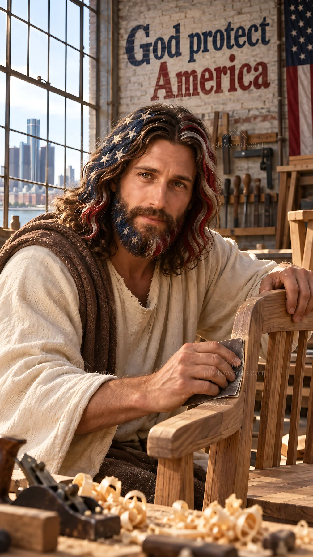 Jesus Christ working on a wooden chair in a workshop - AI-generated stock image