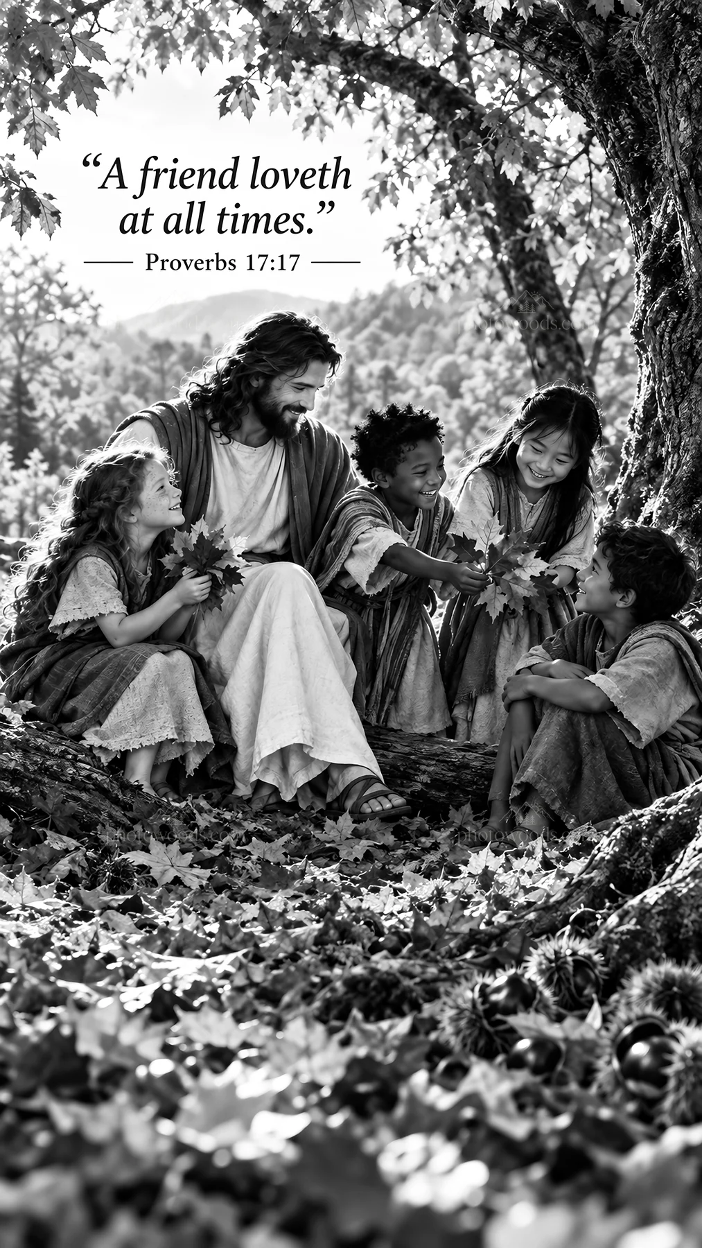 Jesus Christ sharing joy with children in nature - AI-generated stock image