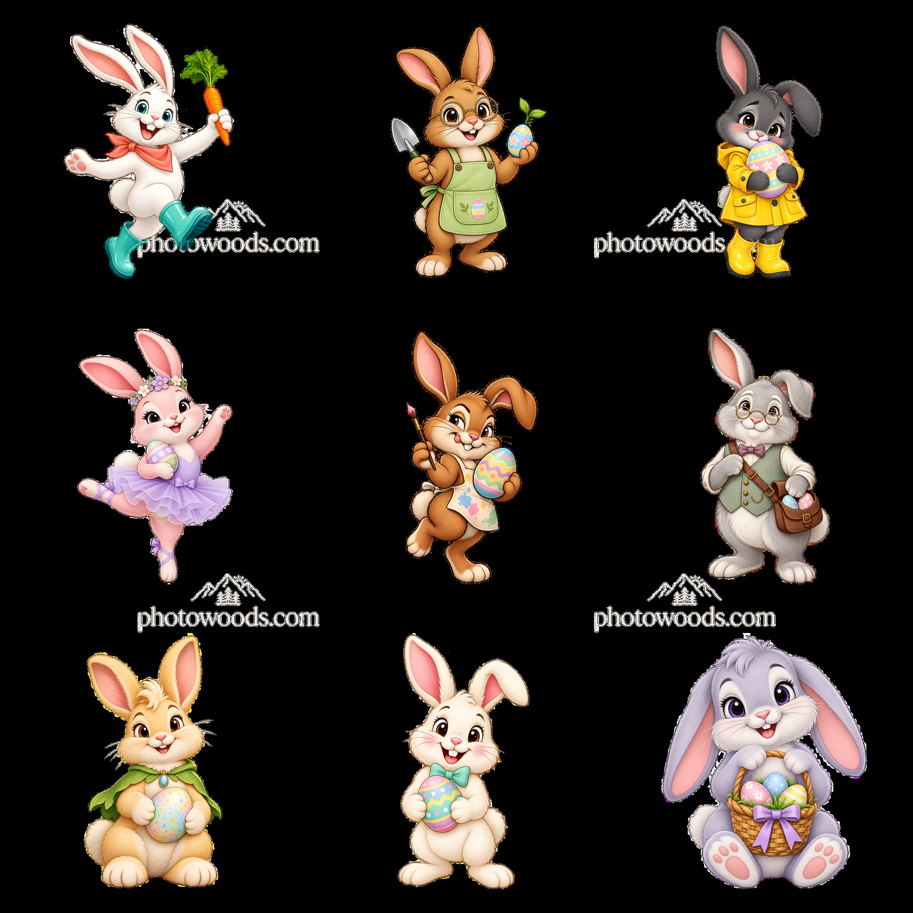 Colorful cartoon bunnies with Easter eggs in a 3x3 layout - AI-generated stock image