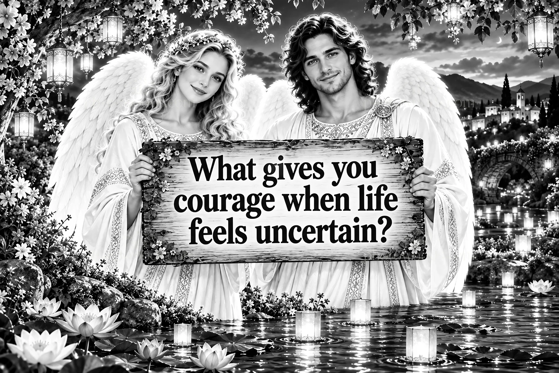 Jesus Christ with angels asking about courage in uncertain times - AI-generated stock image