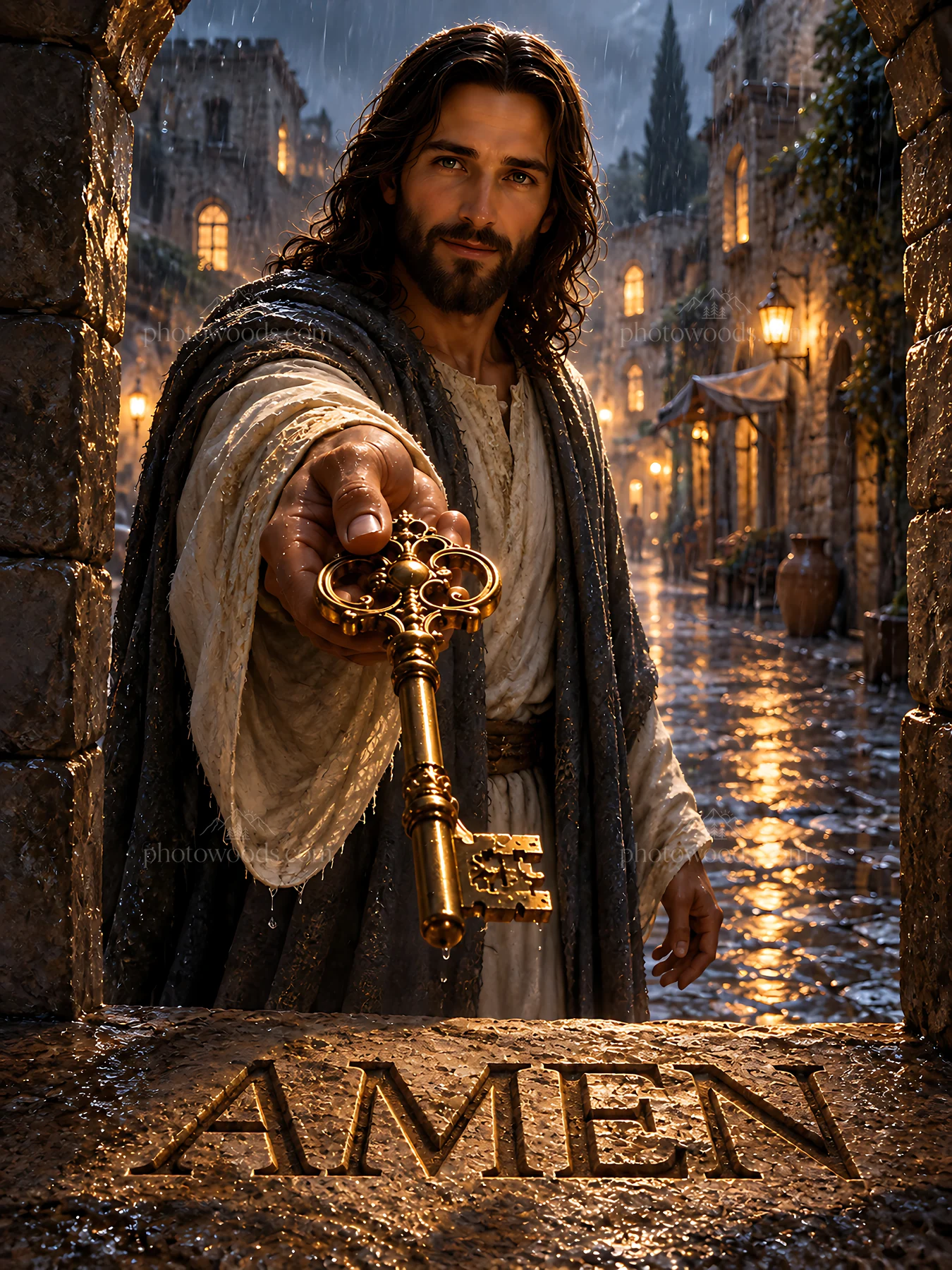Rainwashed street with a figure holding a key - AI-generated stock image