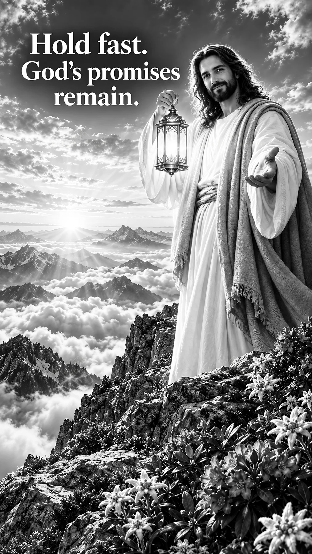 Jesus Christ holding a lantern on a mountain - AI-generated stock image
