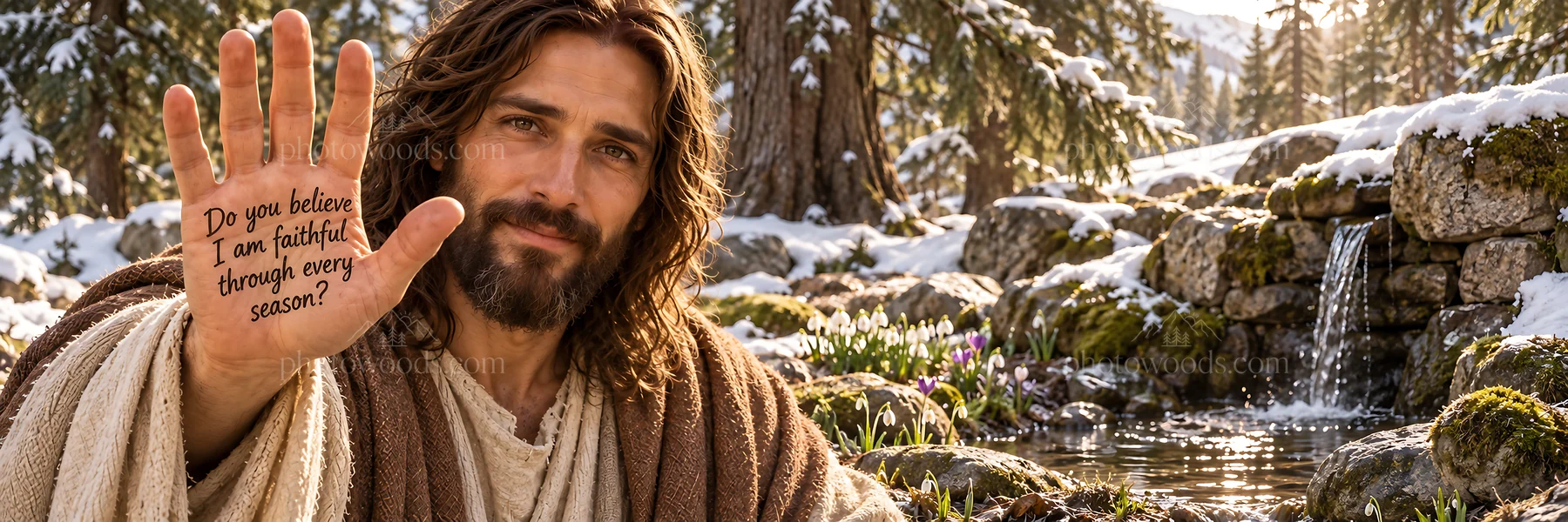 Jesus Christ offering comfort and encouragement in nature - AI-generated stock image
