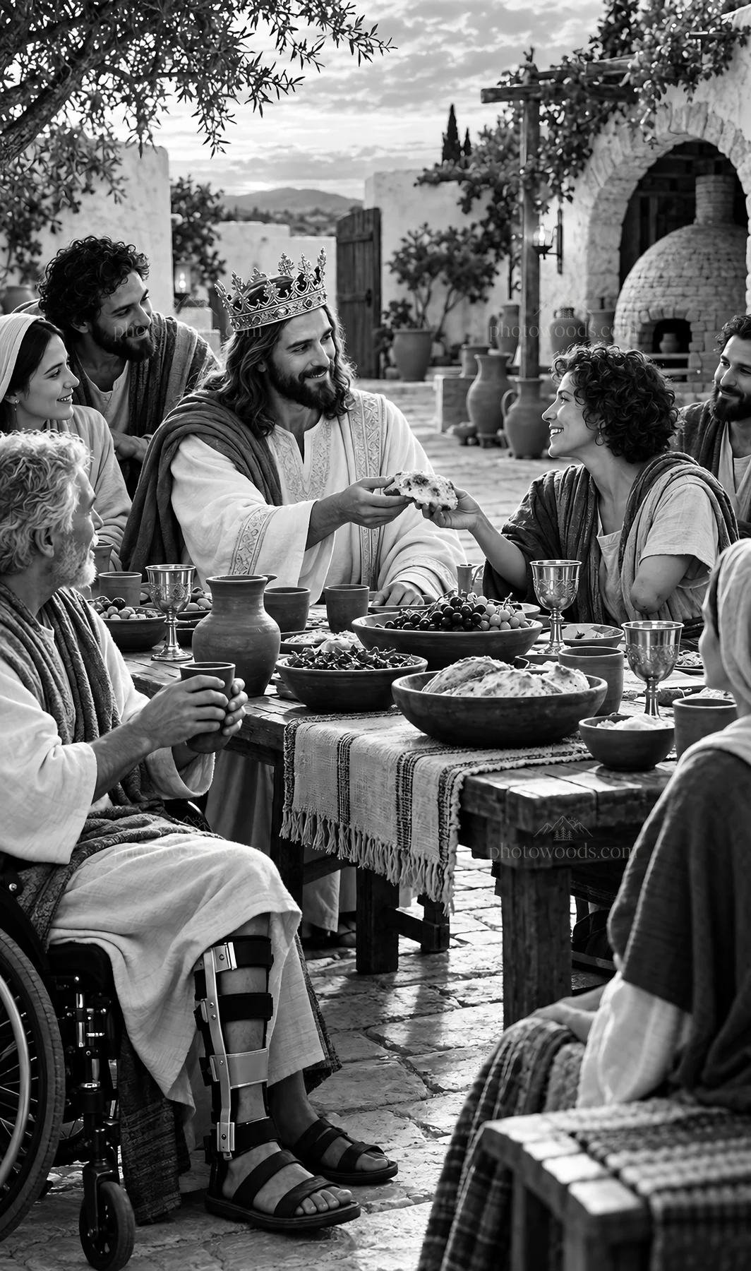 Jesus Christ sharing a meal with his followers - AI-generated stock image