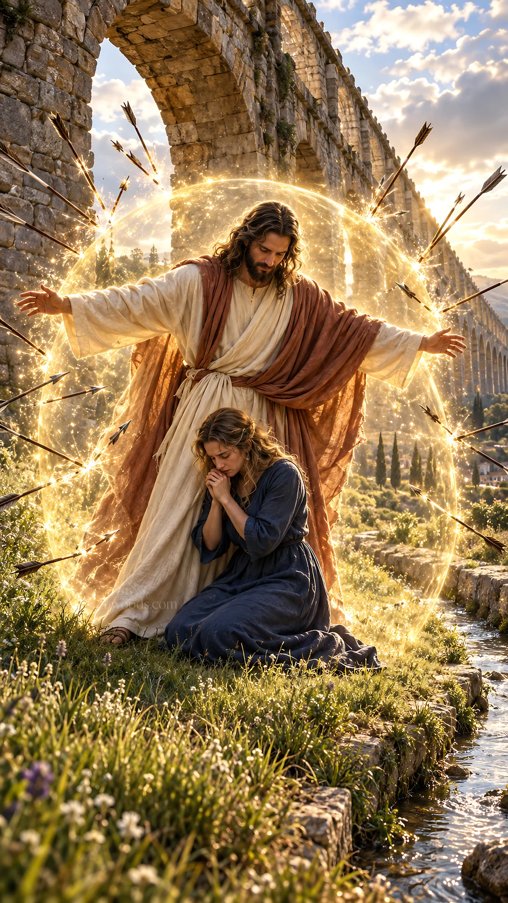 Jesus Christ comforting a woman in a garden - AI-generated stock image
