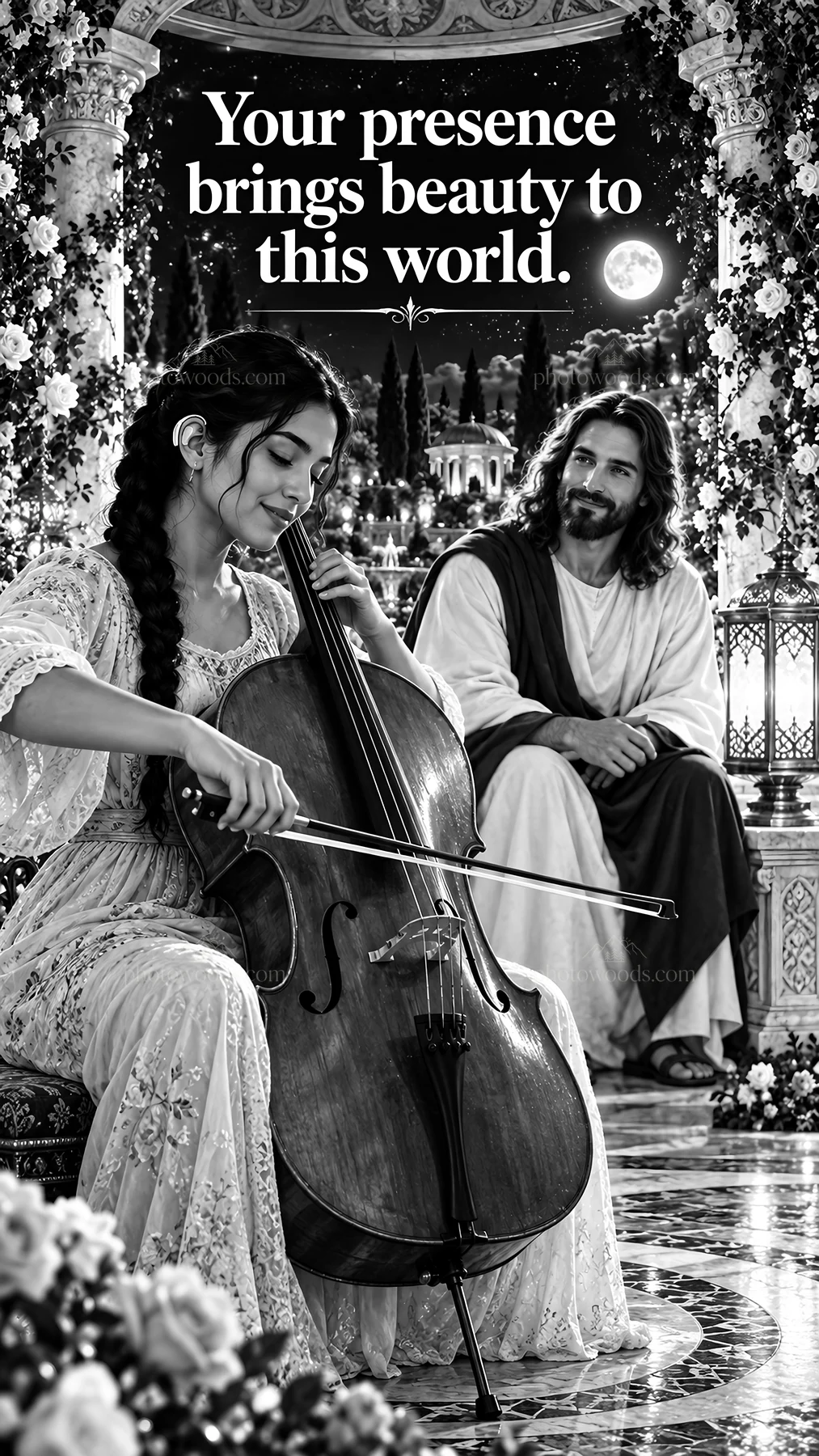 Jesus Christ listening to a woman playing cello in a garden - AI-generated stock image
