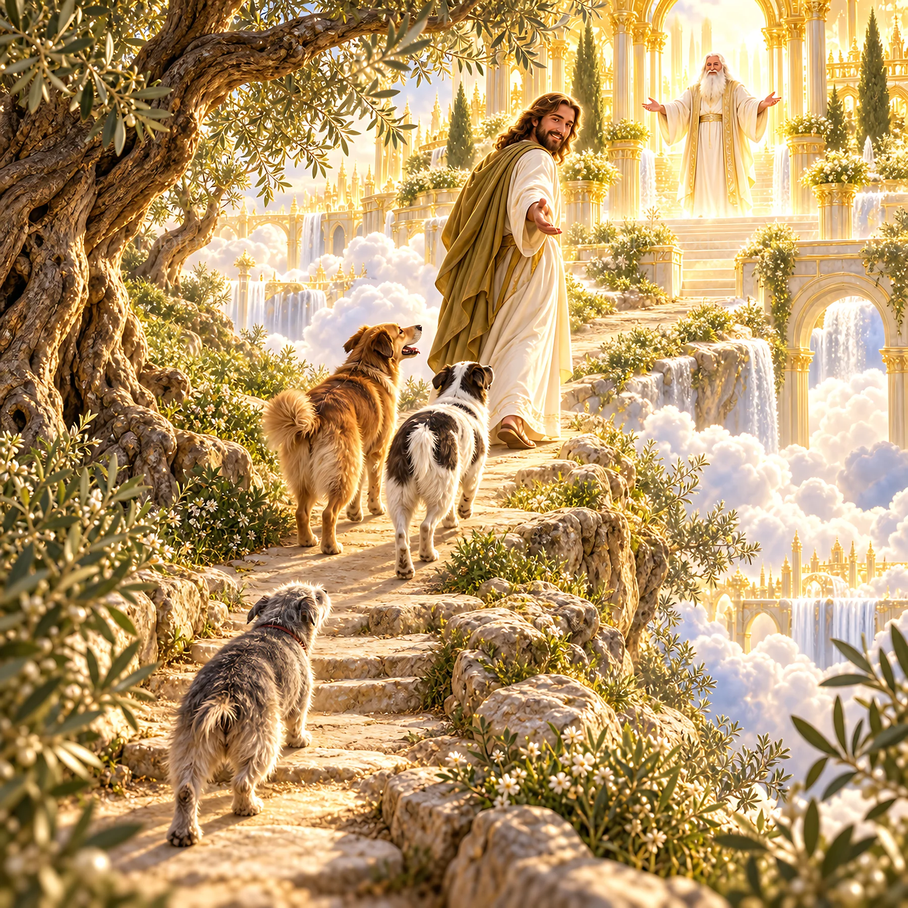 Jesus Christ walking with dogs toward a heavenly scene - AI-generated stock image